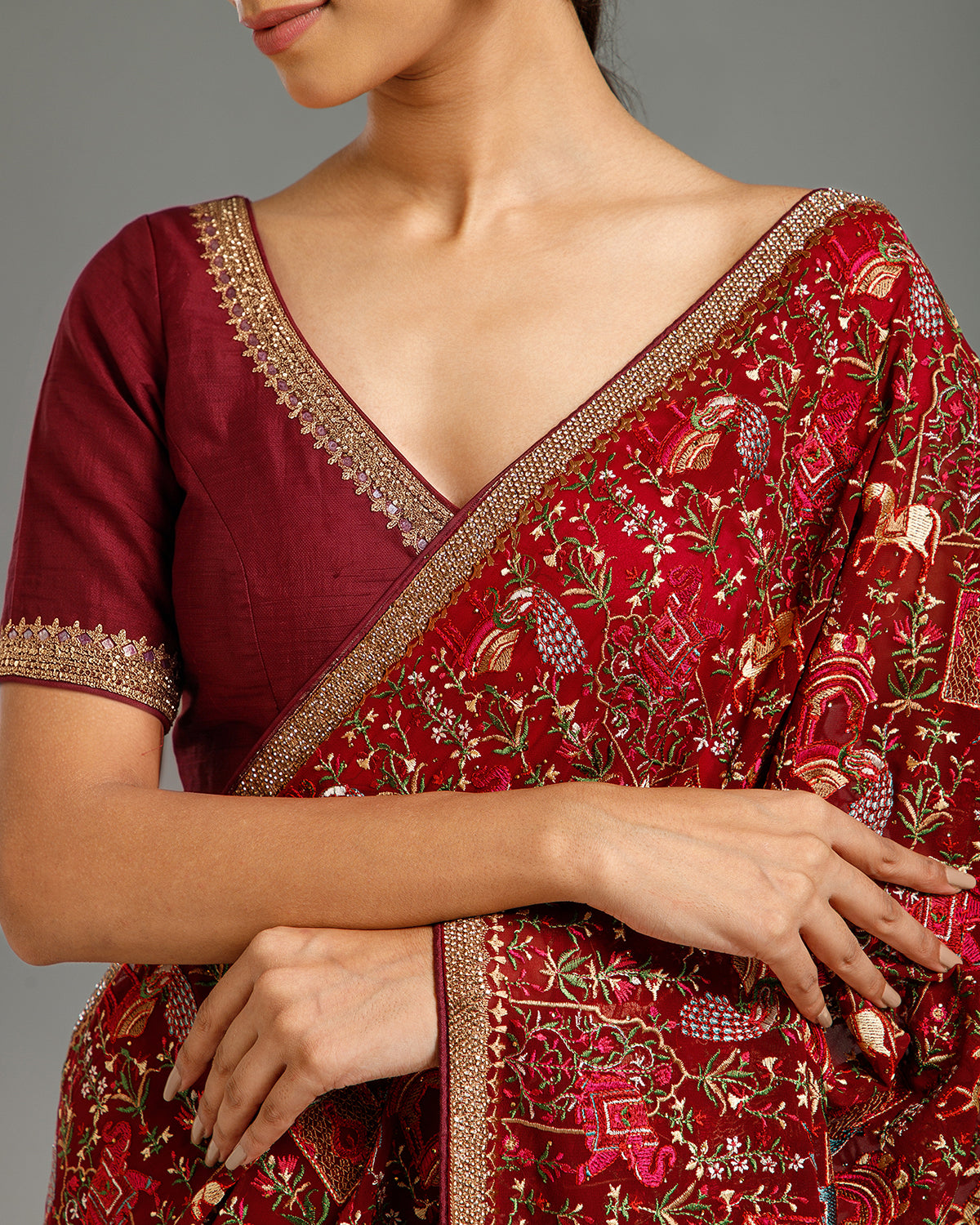 Wine Georgette Saree with Resham & Stone Work