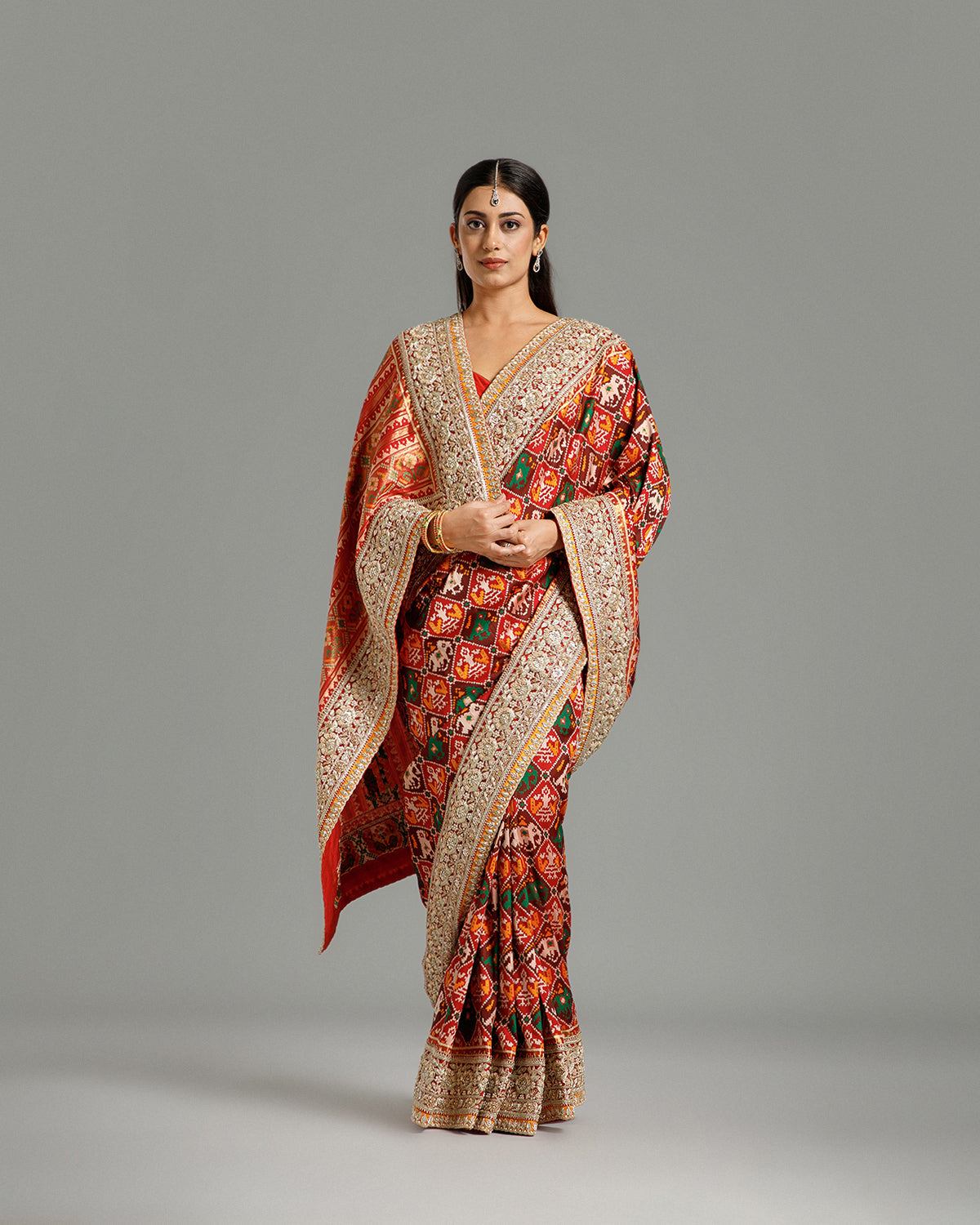 Red Silk Saree with Zardozi, Nulki, Moti & Dori Work