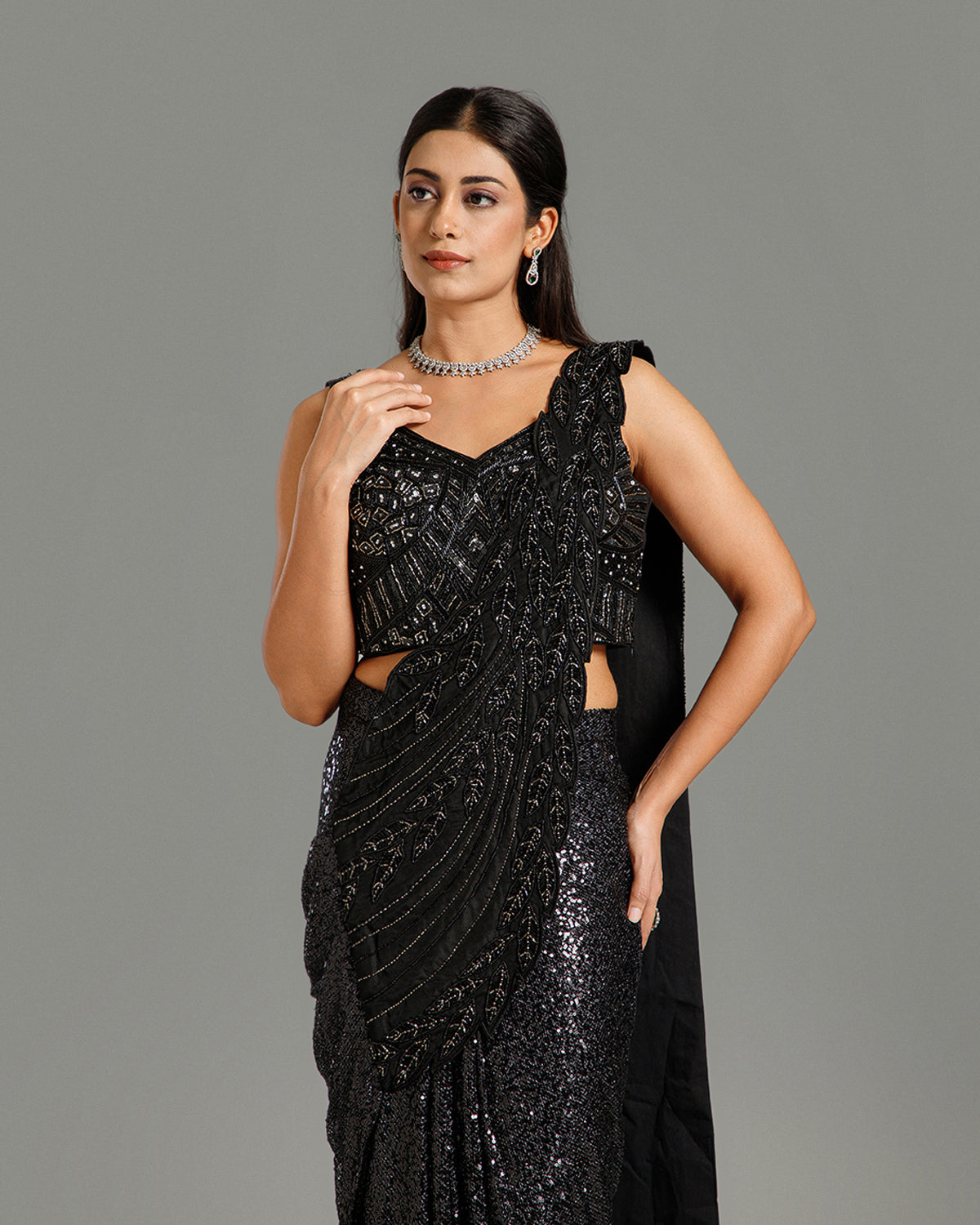 Black Sandley Saree with Beads, Nulki & Sequin Work