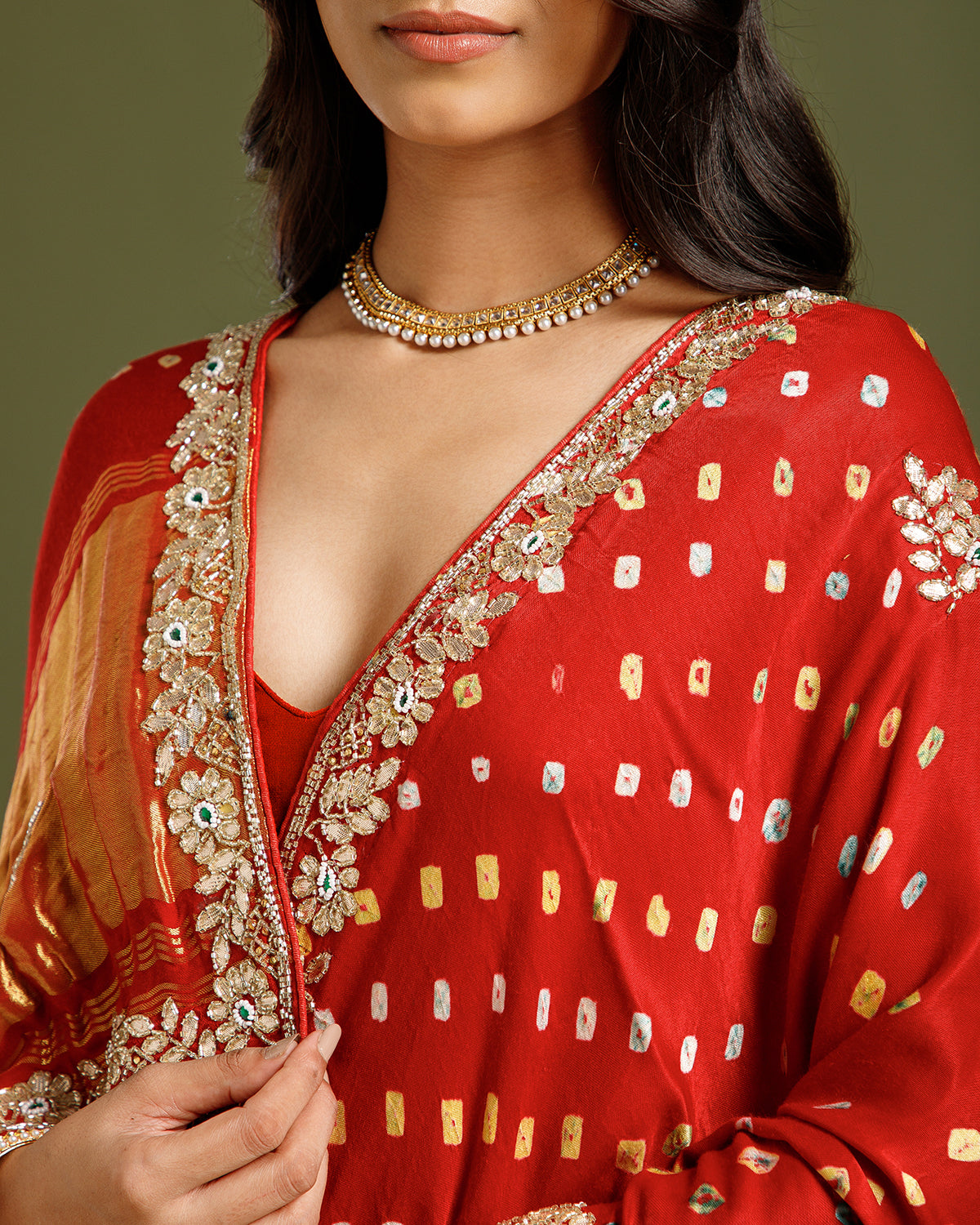 Maroon Satin Crepe Saree with Nulki, Gota Patti, Kundan & Moti Work