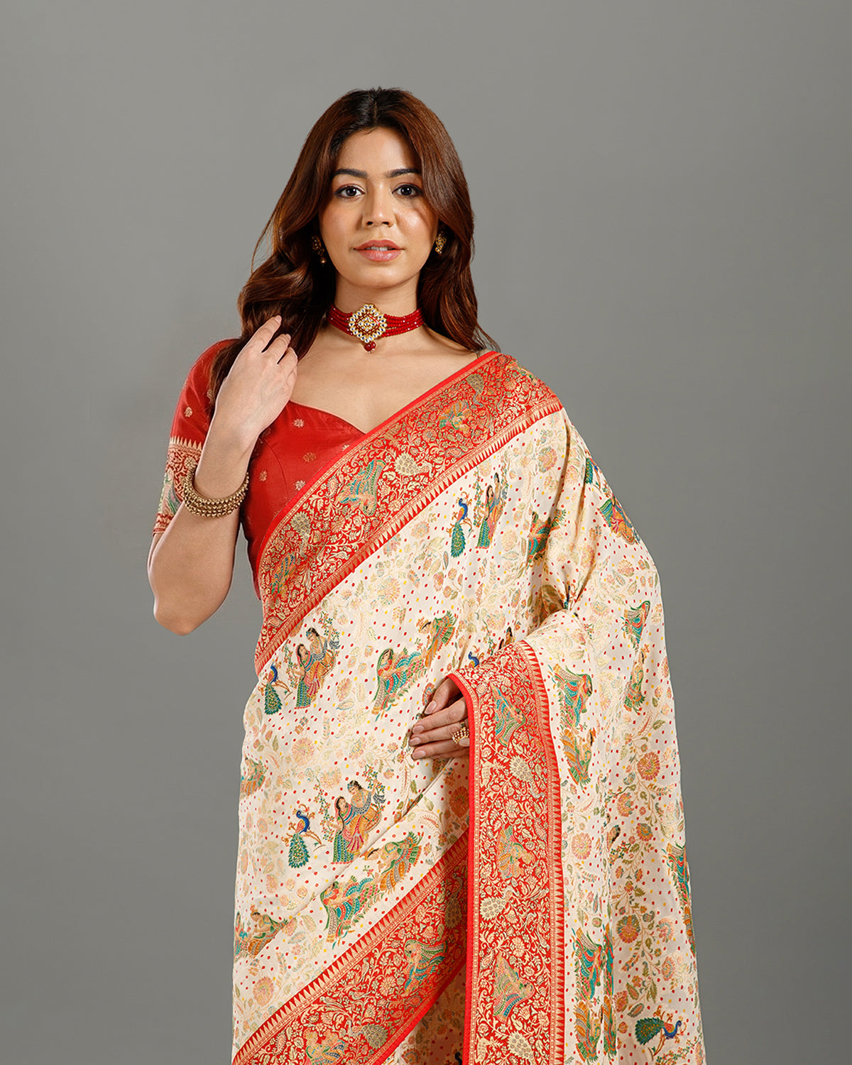 Off White Bhandej Khaddi Georgette Saree with Meenakari Weaving - House of Surya