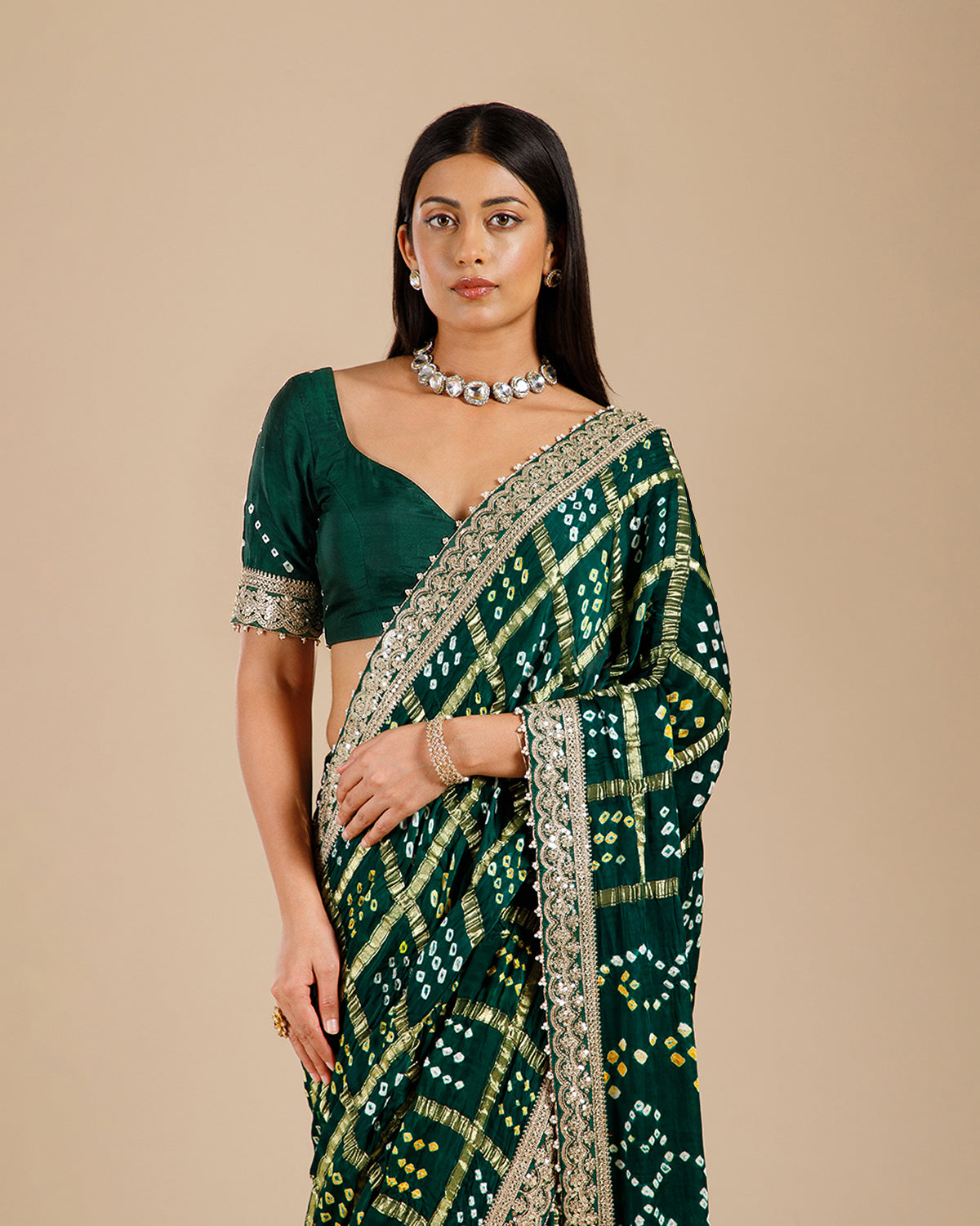 Green Satin Gajji Silk Gharchola Saree with Sequence Work - House of Surya