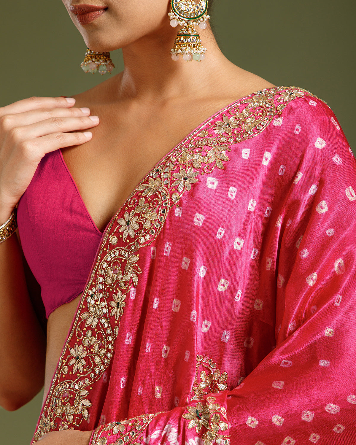 Magenta Pink Satin Crepe Saree with Nulki, Dabka & Gota Patti Work
