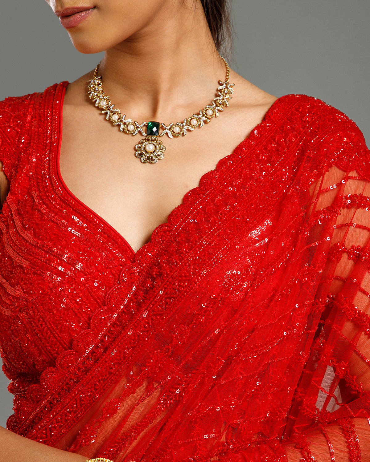 Red Net Saree with Beads & Sequin Work