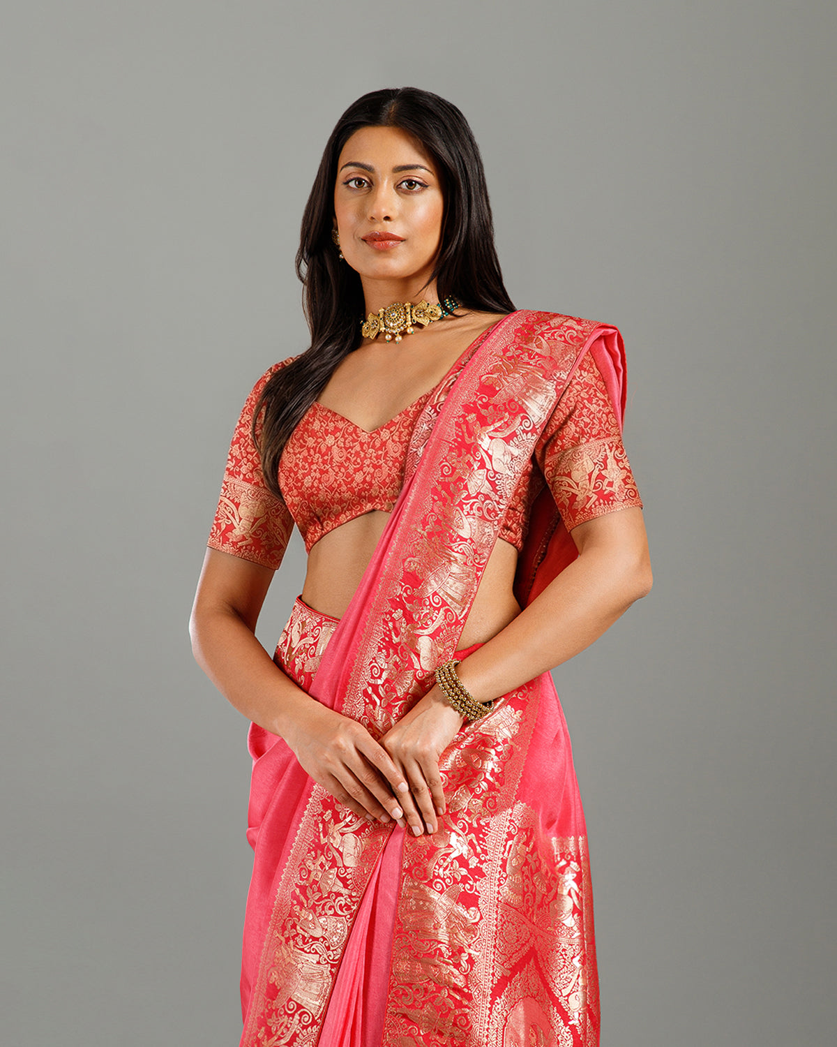 Gajari Dola Silk Saree with Palla & Border Weaving - House of Surya