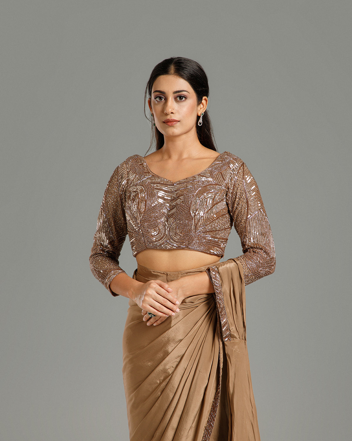 Dusty Gold Satin Lycra Saree with Sequin & Cutdana Work