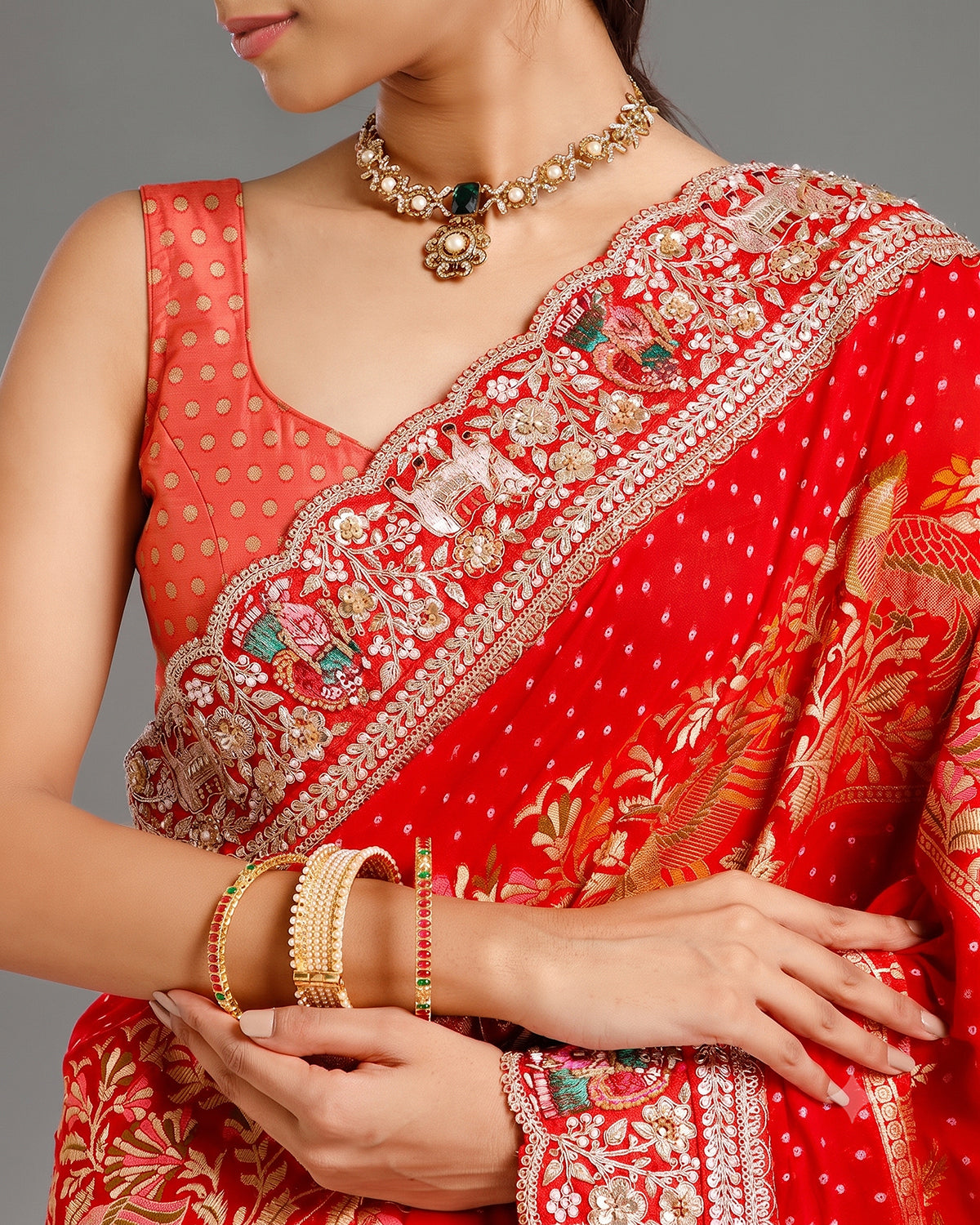 Red Georgette Saree with Dori, Nulki, Resham, Moti & Meenakari Work