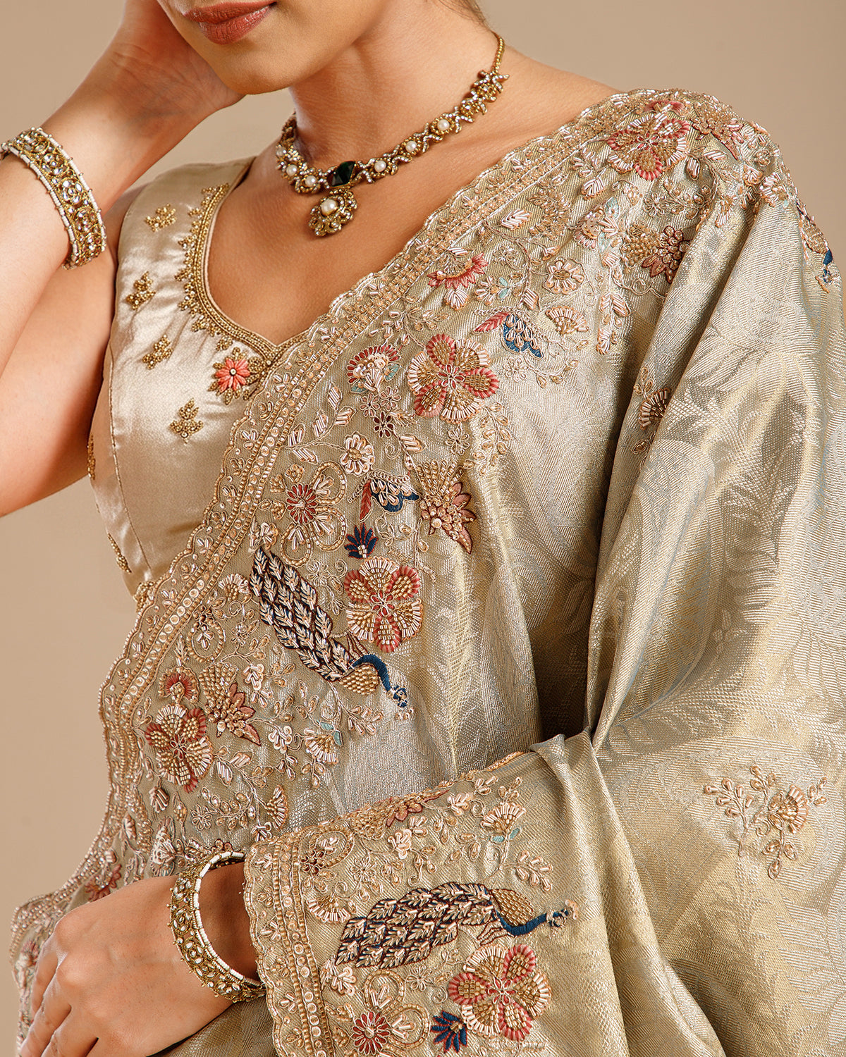 Green Tissue Silk Saree with Resham, Dabka, Nulki & Sequin Work