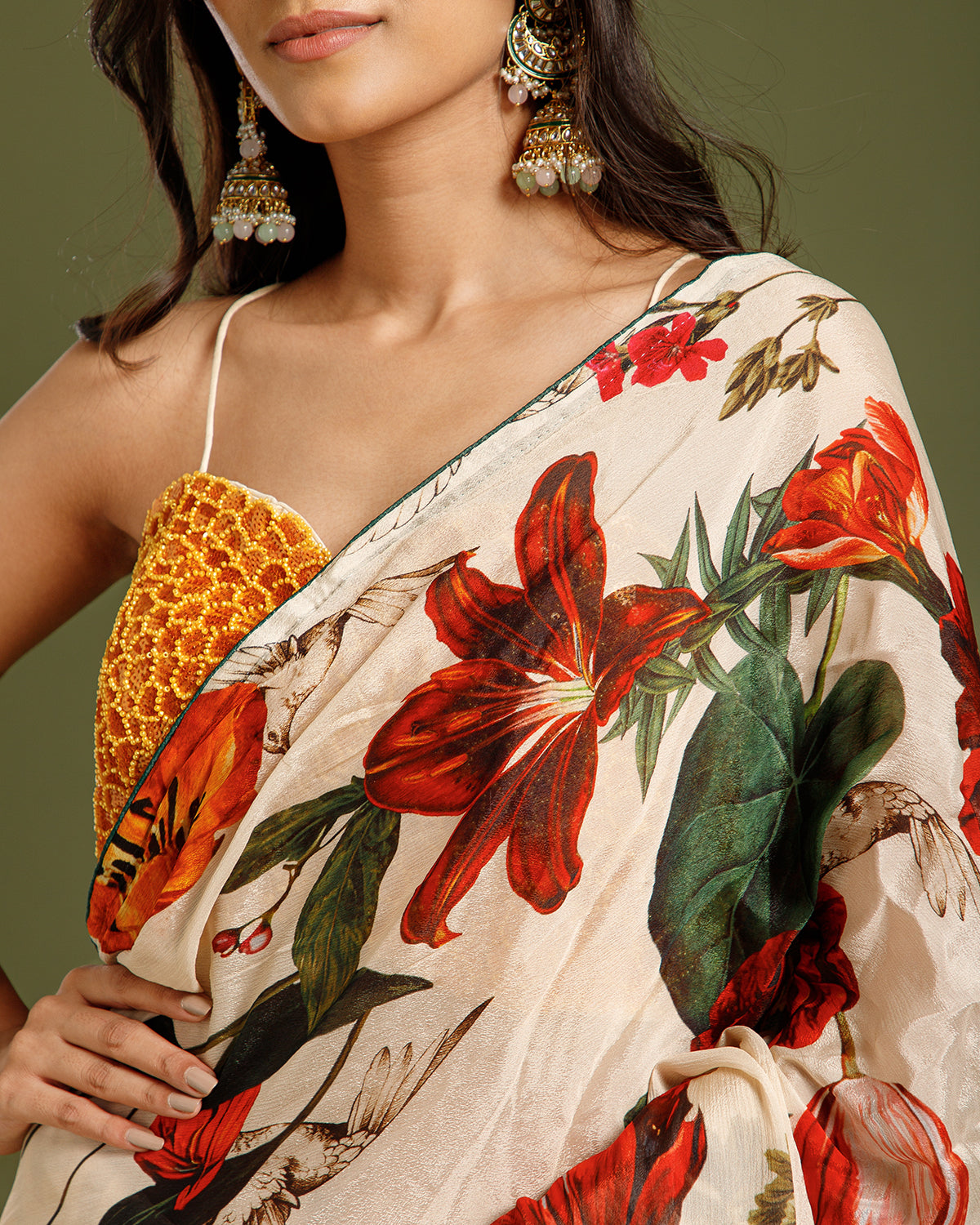 Ivory Multi Chinon Crepe Saree with Beads & Moti Work