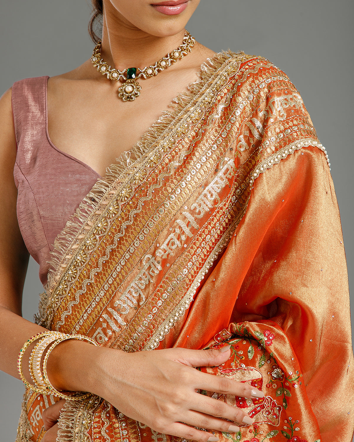 Rust Tissue Organza Saree with Resham, Zari, Dabka, Sequin & Gota Work