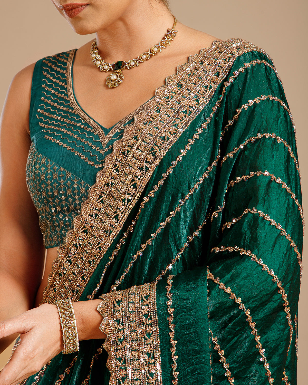 Bottle Green Fendy Organza Saree with Beads & Sequin Work