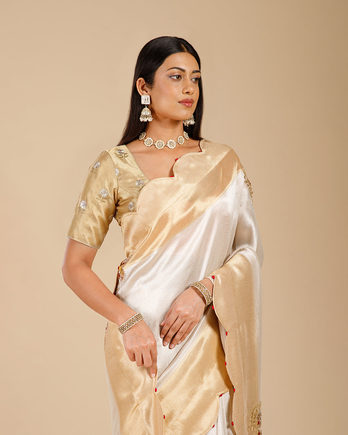 Golden Tissue Georgette Saree with Gota Patti & Sequence Work - House of Surya