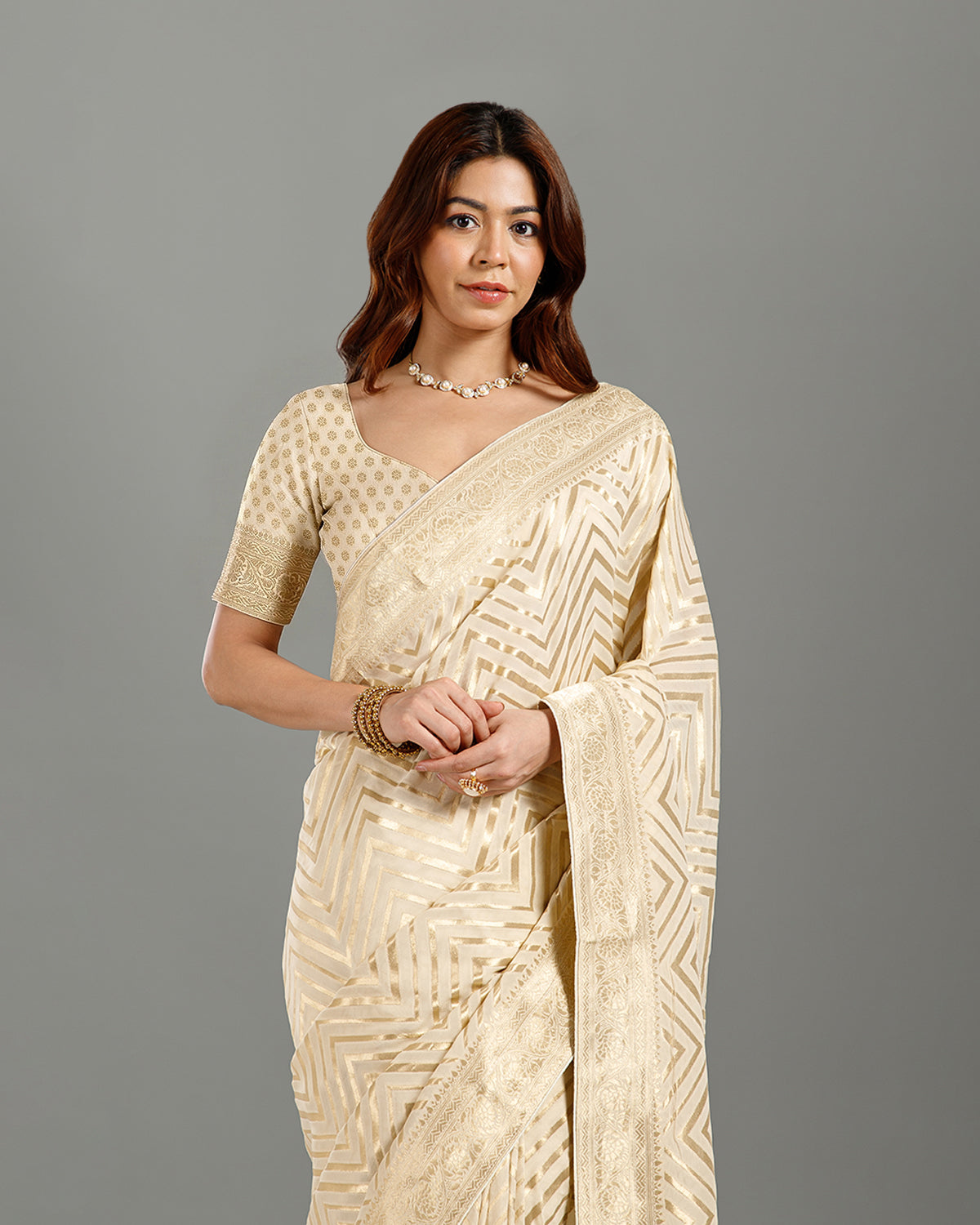 Off White Khaddi Georgette Saree with Zari Weave - House of Surya