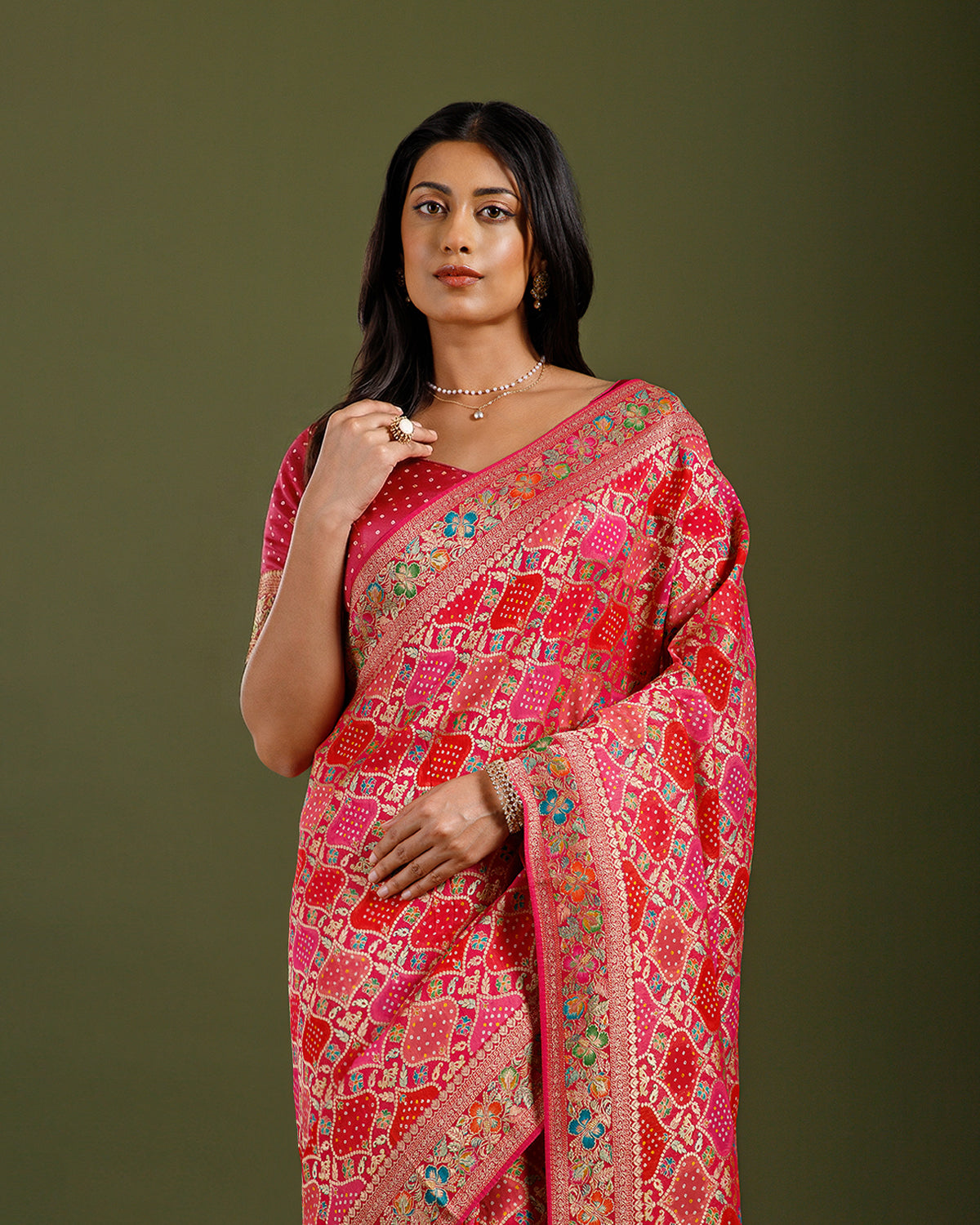 Rani Bandhej Khaddi Georgette Saree with Meenakari Weaving - House of Surya