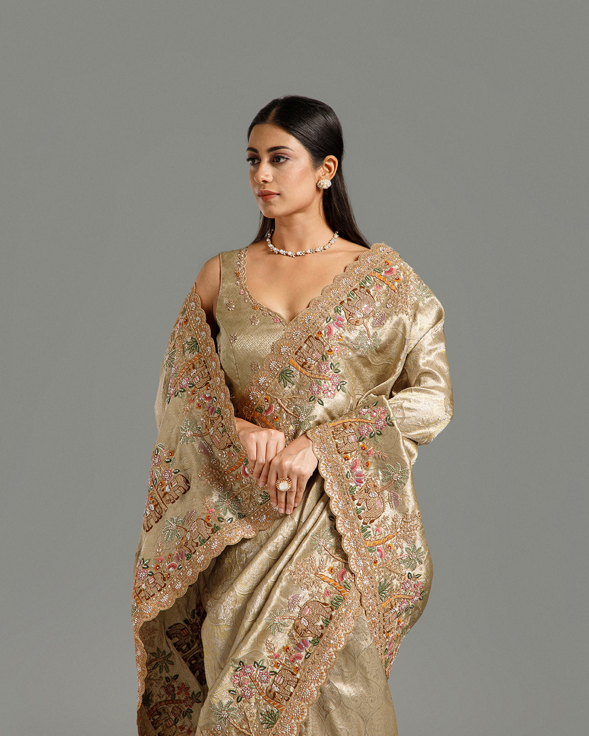 Green Tissue Silk Saree with Resham, Cutdana, Sequin & Zari Work