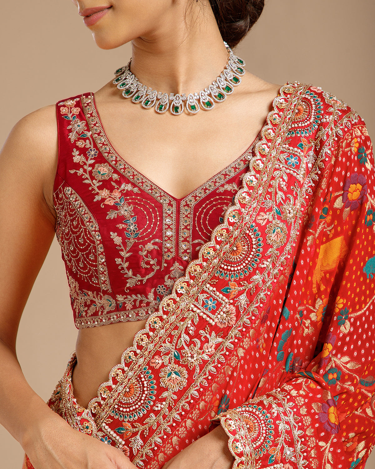 Rani Georgette Saree with Satin Organza, Beads, Nulki, Dori, Moti & Sequin Work