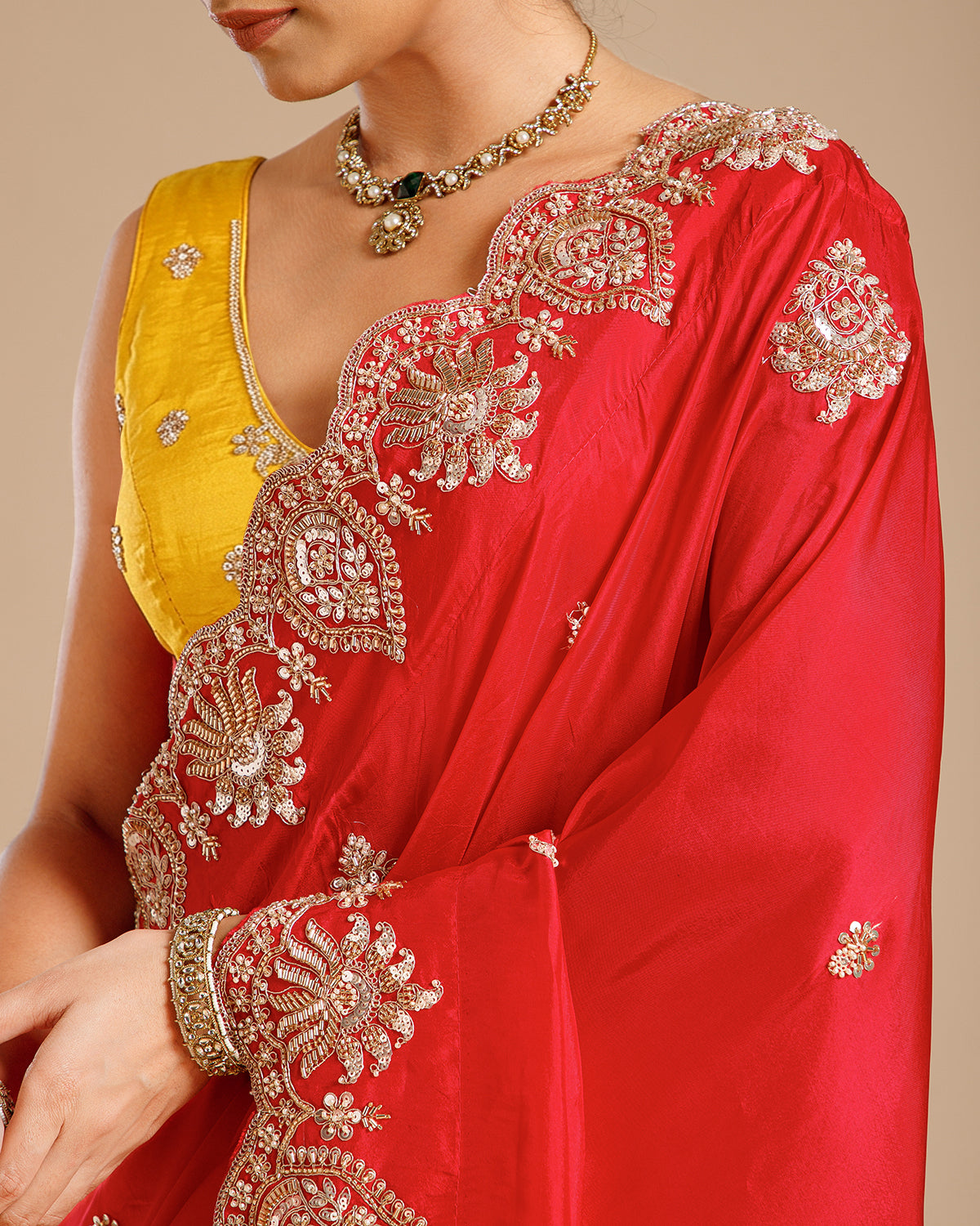 Rani Dola Silk Saree with Nulki, Sequin, Pearl & Dabka Work