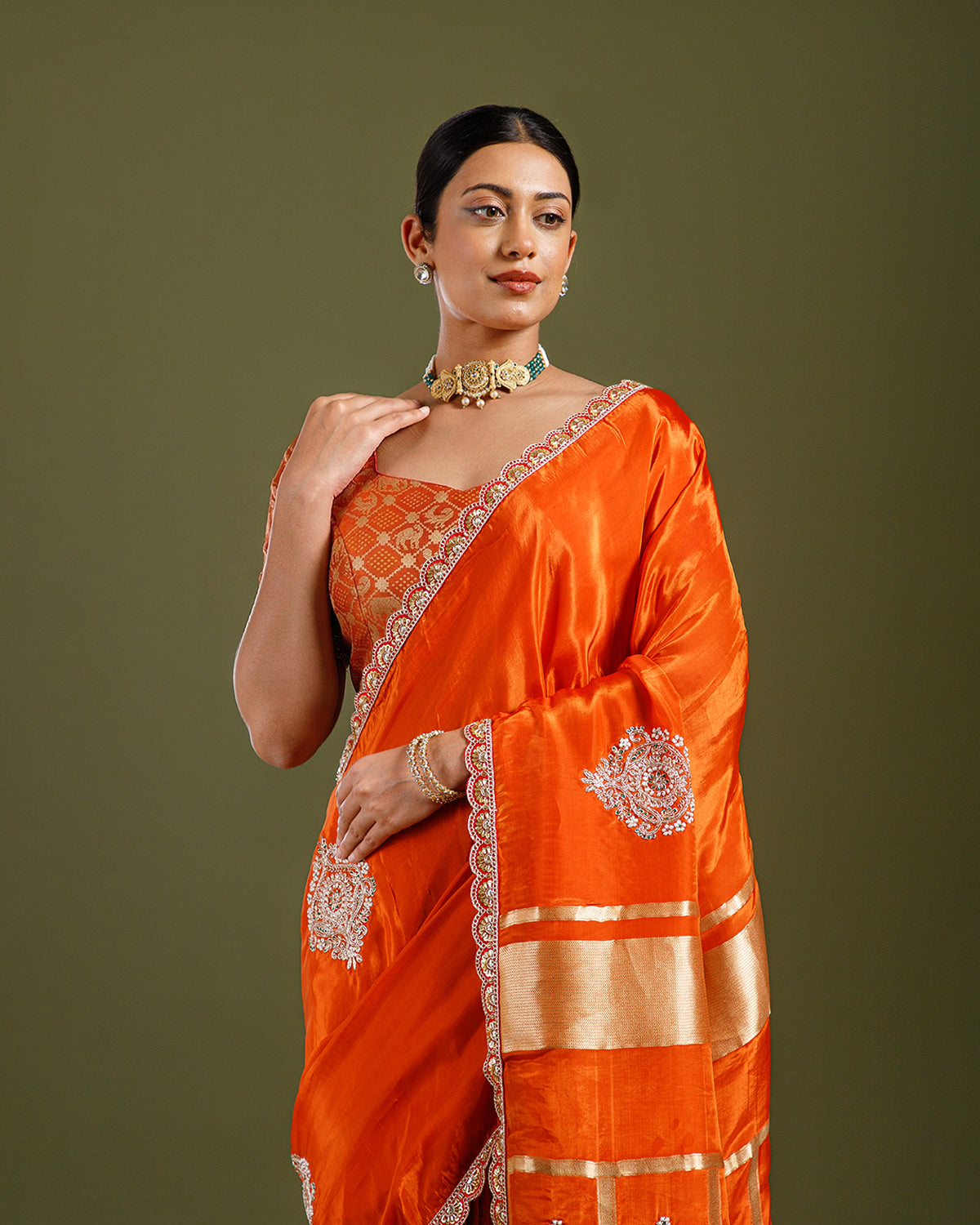 Rust Crepe Silk Gharchola Saree with Cutdana, Dabka & Beads Work