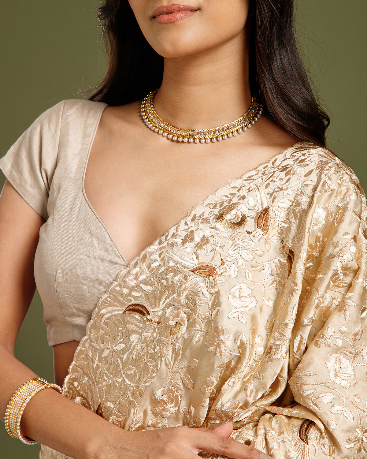 Cream Crape Silk Saree with Parsi Resham Work