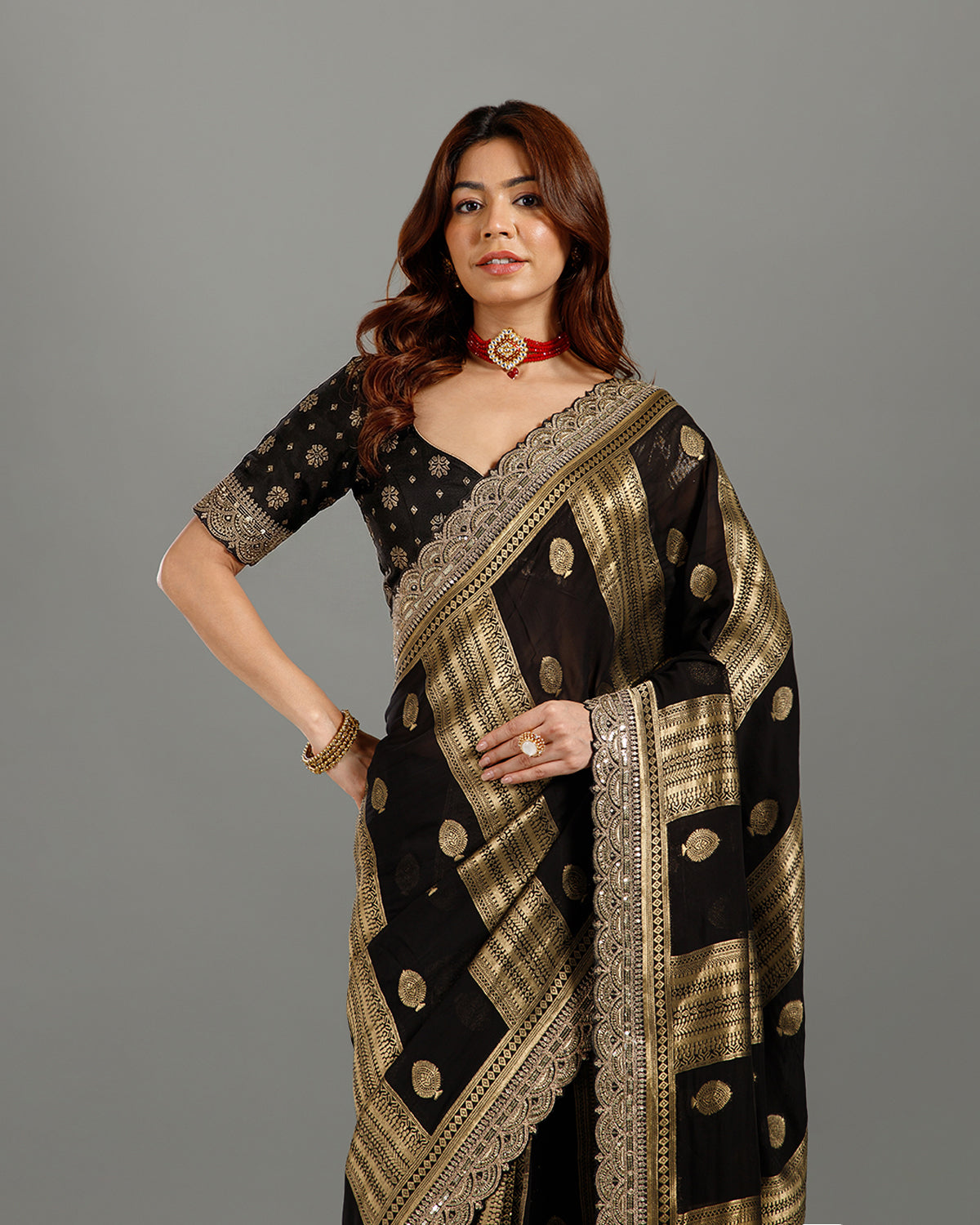 Designer Black Khaddi Georgette Saree with Sequin Work for Women - House of Surya