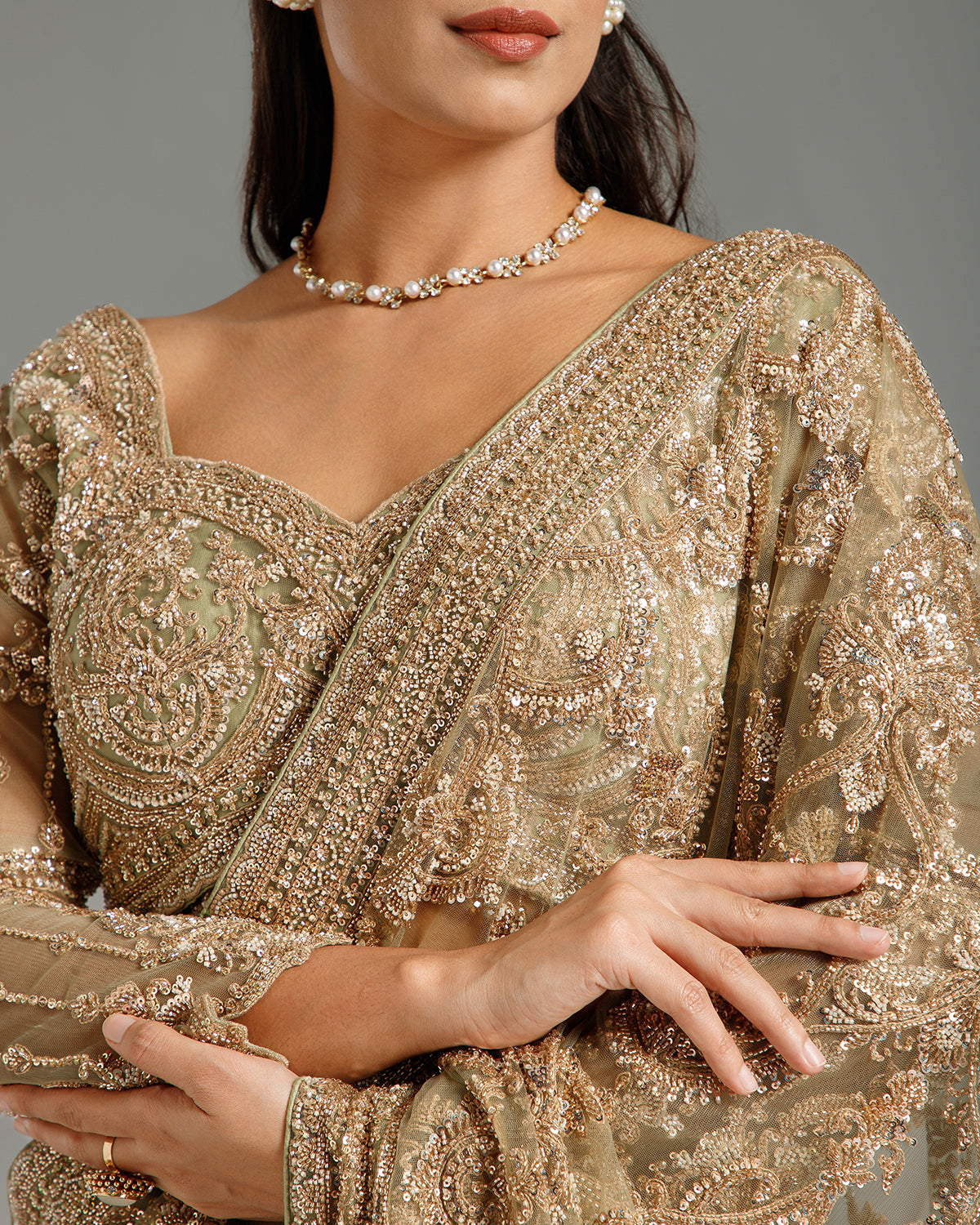 Pista Green Net Saree with Nulki & Sequin Work