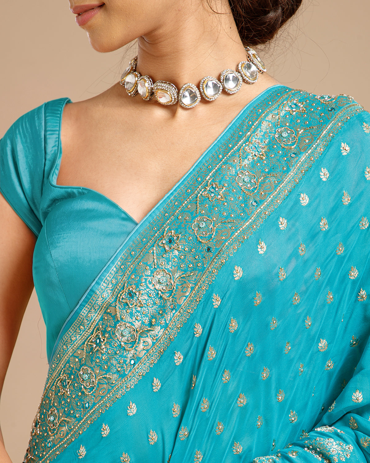 Firozi Georgette Saree with Dabka, Nulki & Mirror Work