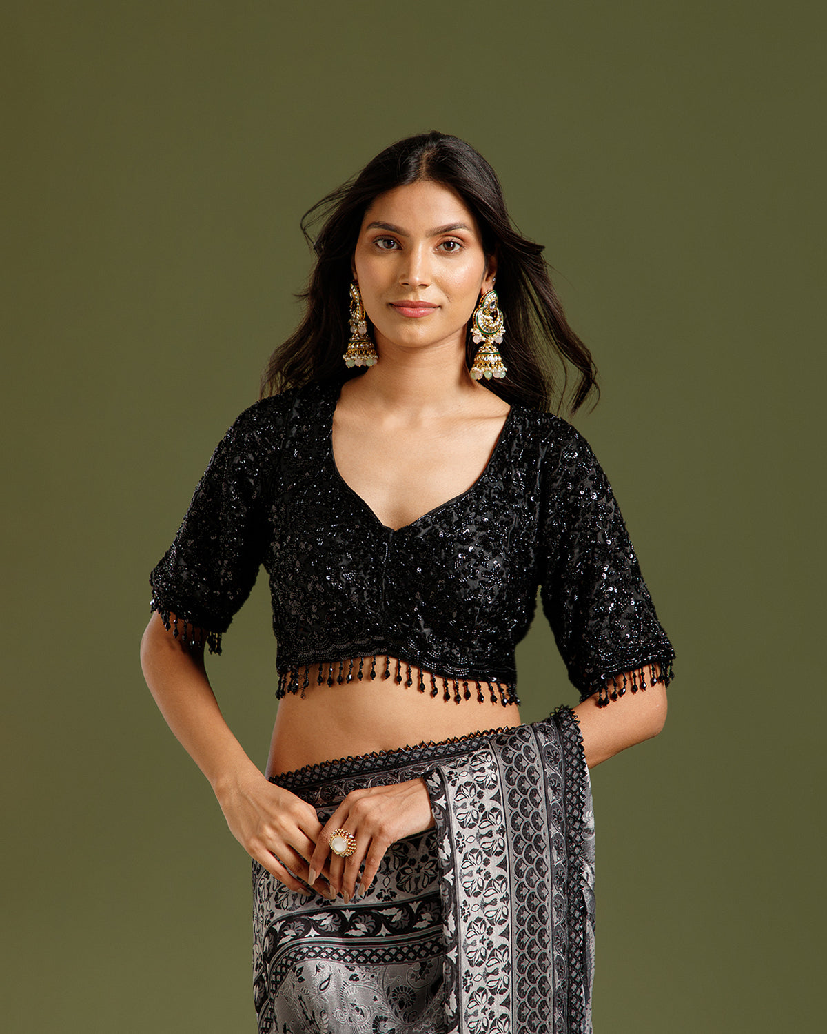 Black Chinon Crepe Saree with Nulki Work
