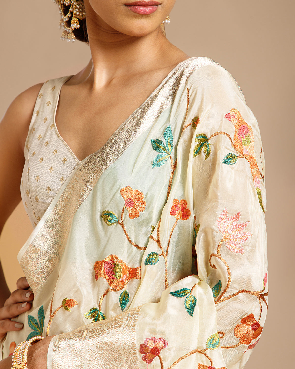 Ivory Crape Silk Saree with Resham Work