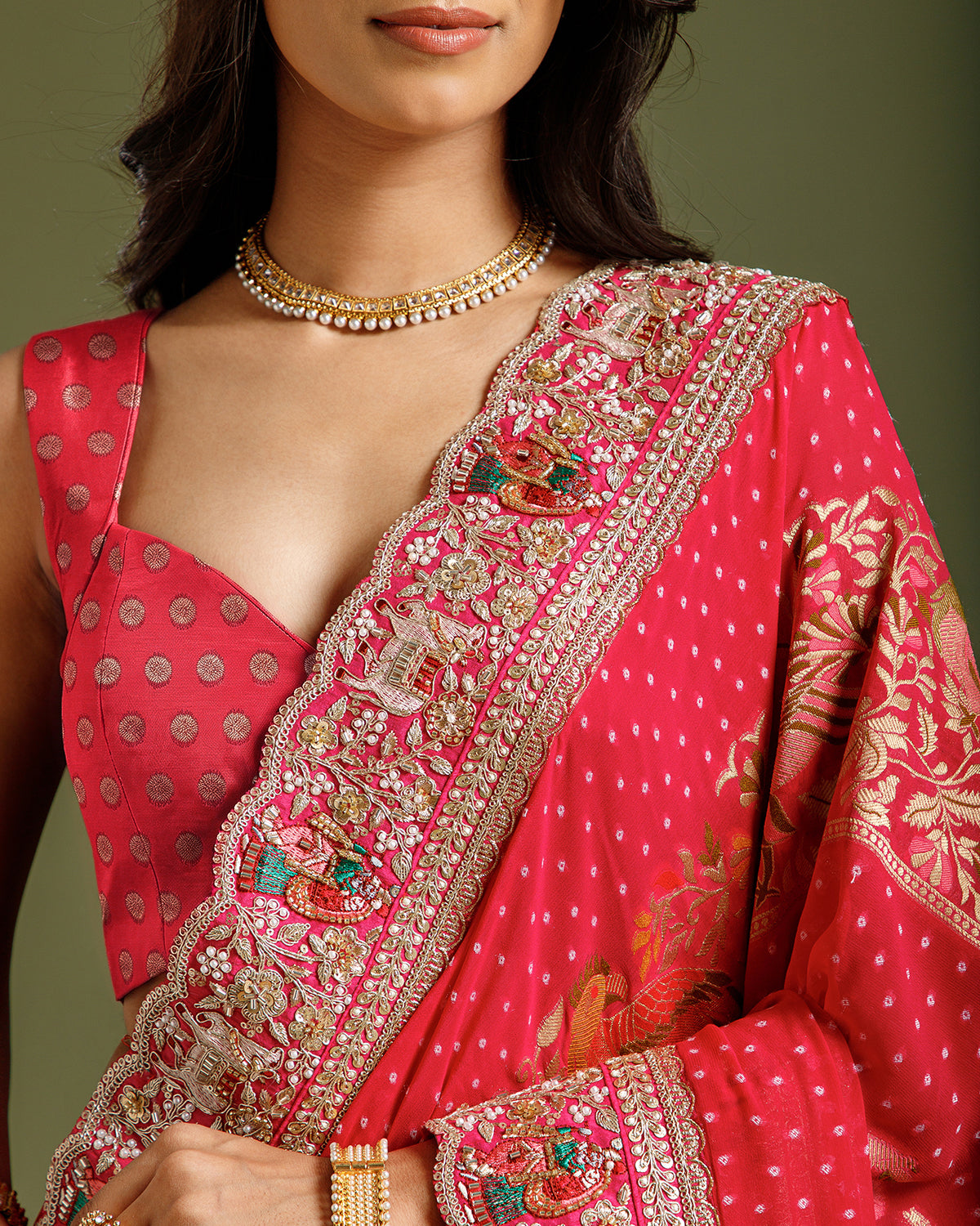 Rani Georgette Saree with Dori, Nulki, Resham, Moti & Meenakari Work