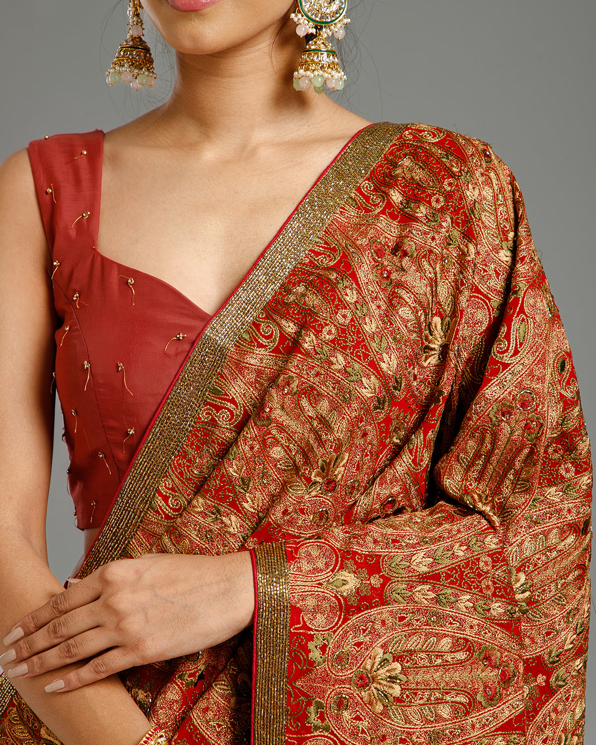 Red Georgette Saree with Resham, Zari & Nulki Work - House of Surya