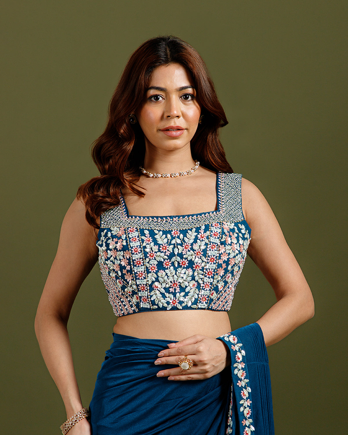 Blue Lycra Drape Saree with Hand Work - House of Surya