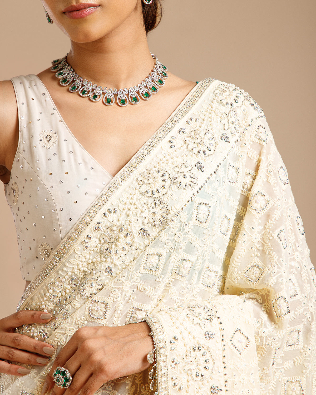 Ivory Georgette Saree with Nulki, Moti, Sequin, Coin & Resham Work - House of Surya