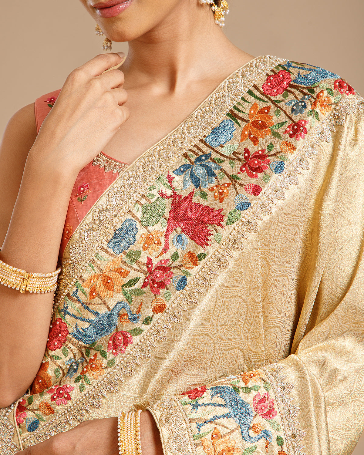 Beige Gold Tissue Silk Saree with Resham, Dori, Pearl & Sequin Work
