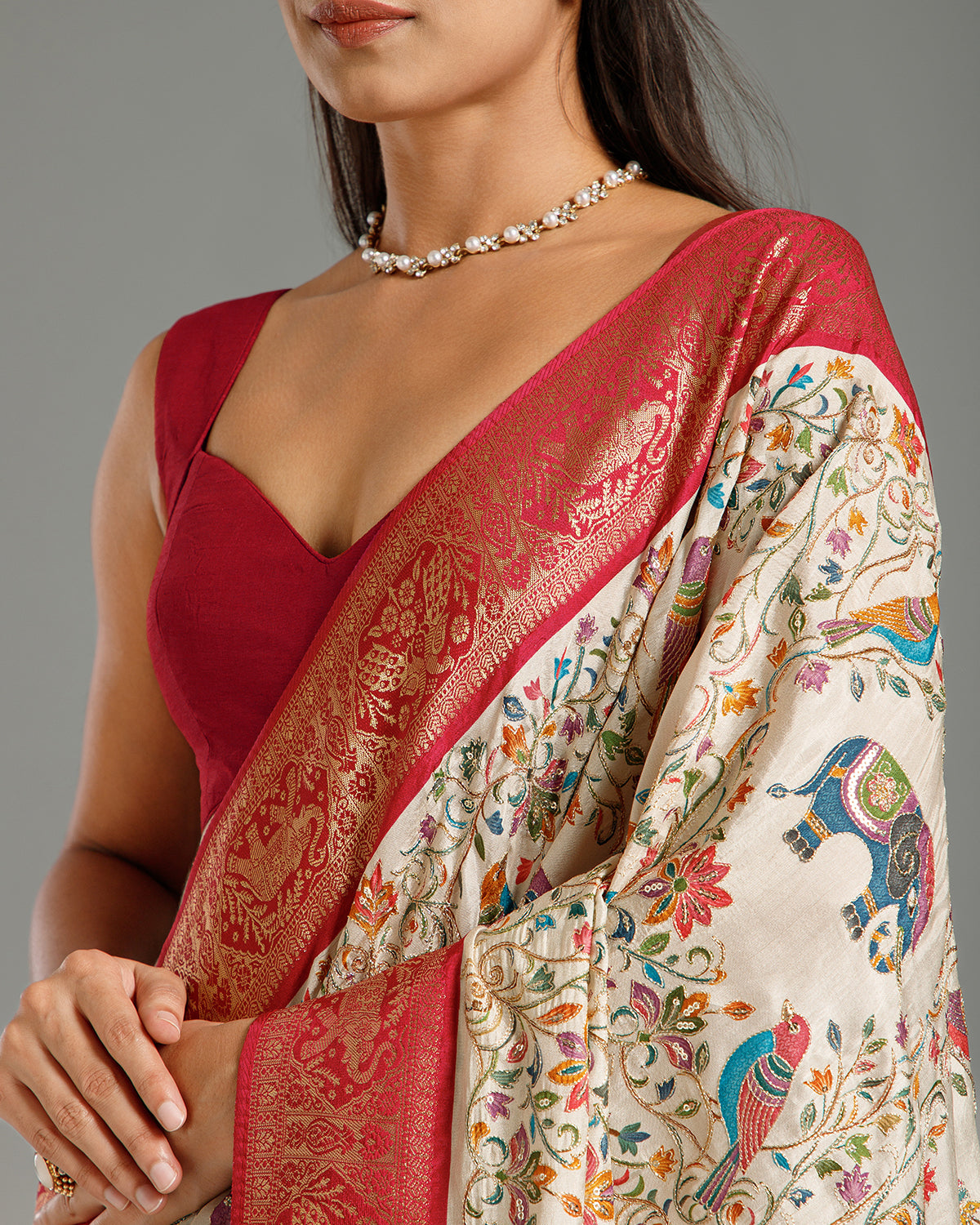 Off White Dola Silk Saree with Zari & Sequin Work