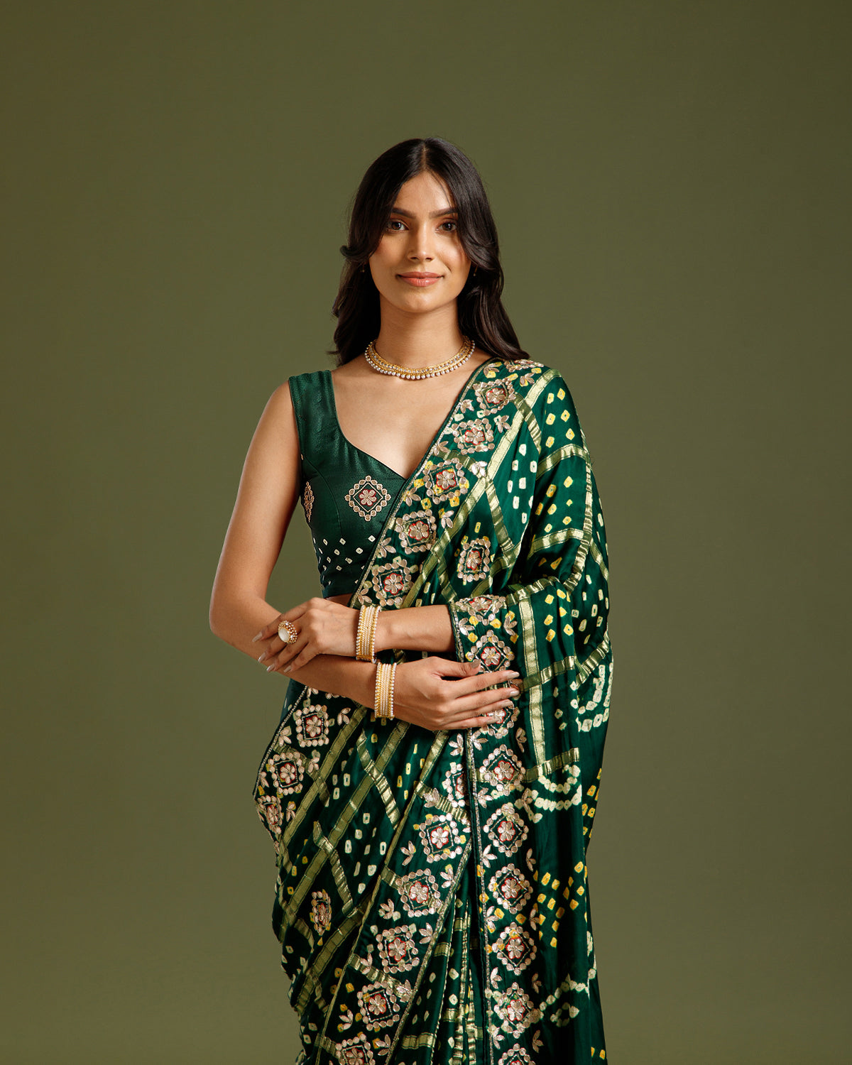 Bottle Green Satin Crepe Saree with Zari & Sequin Work - House of Surya