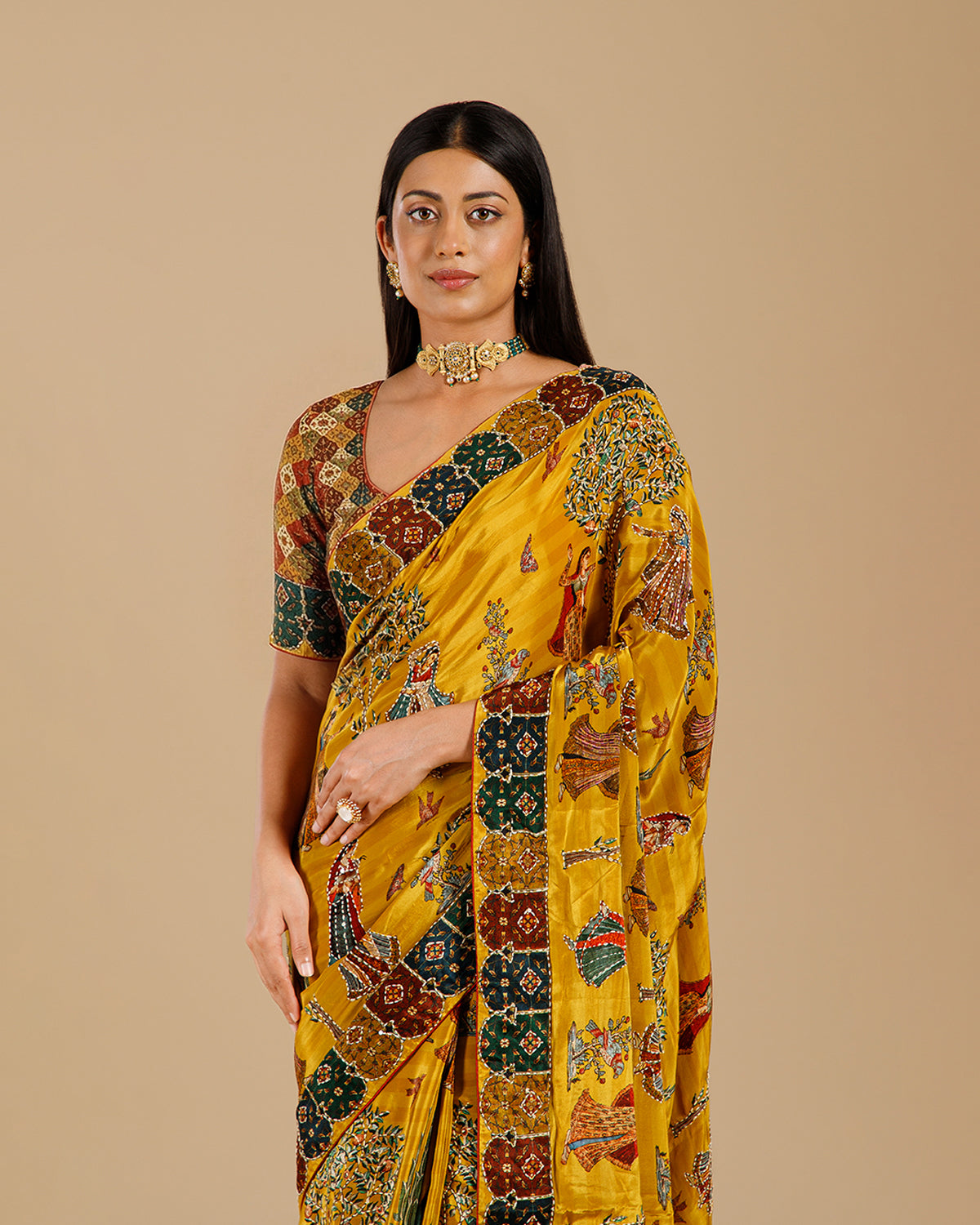 Yellow Crepe Saree with Intricate Katha Work - House of Surya
