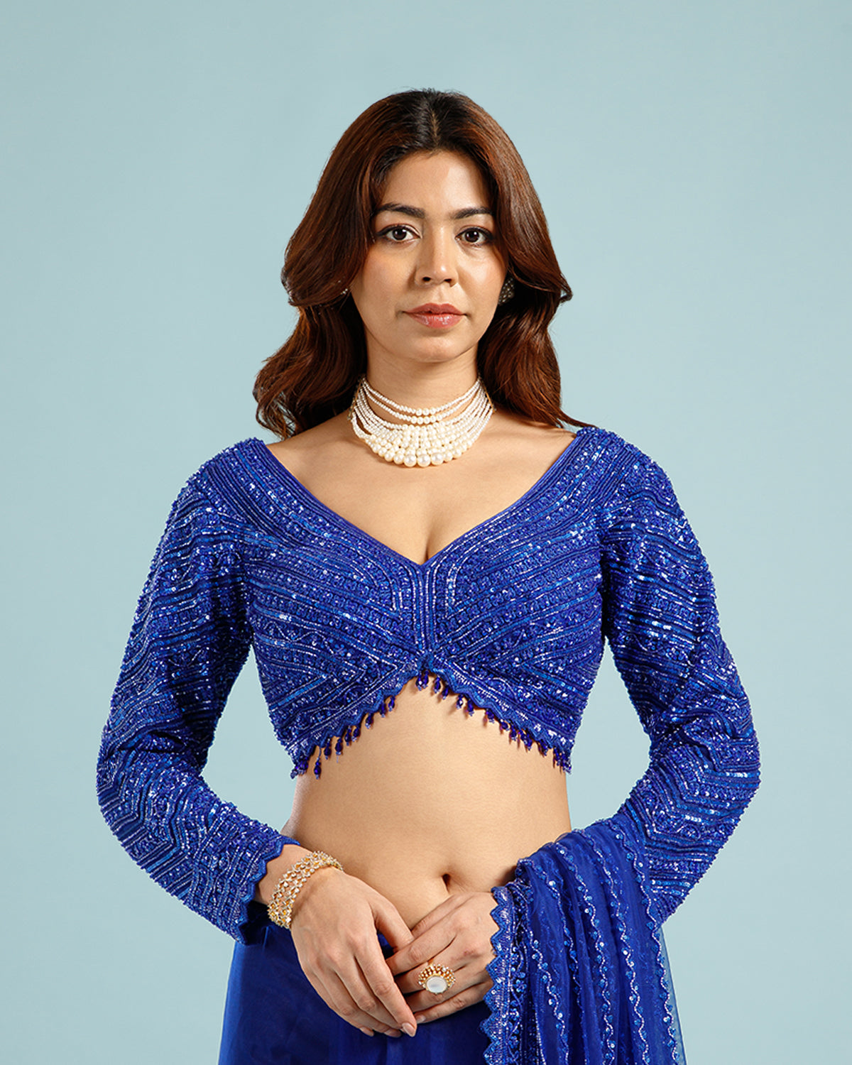 Designer Blue Net Saree with Sequence, Bead & Cutdana (Nulki) Work - House of Surya