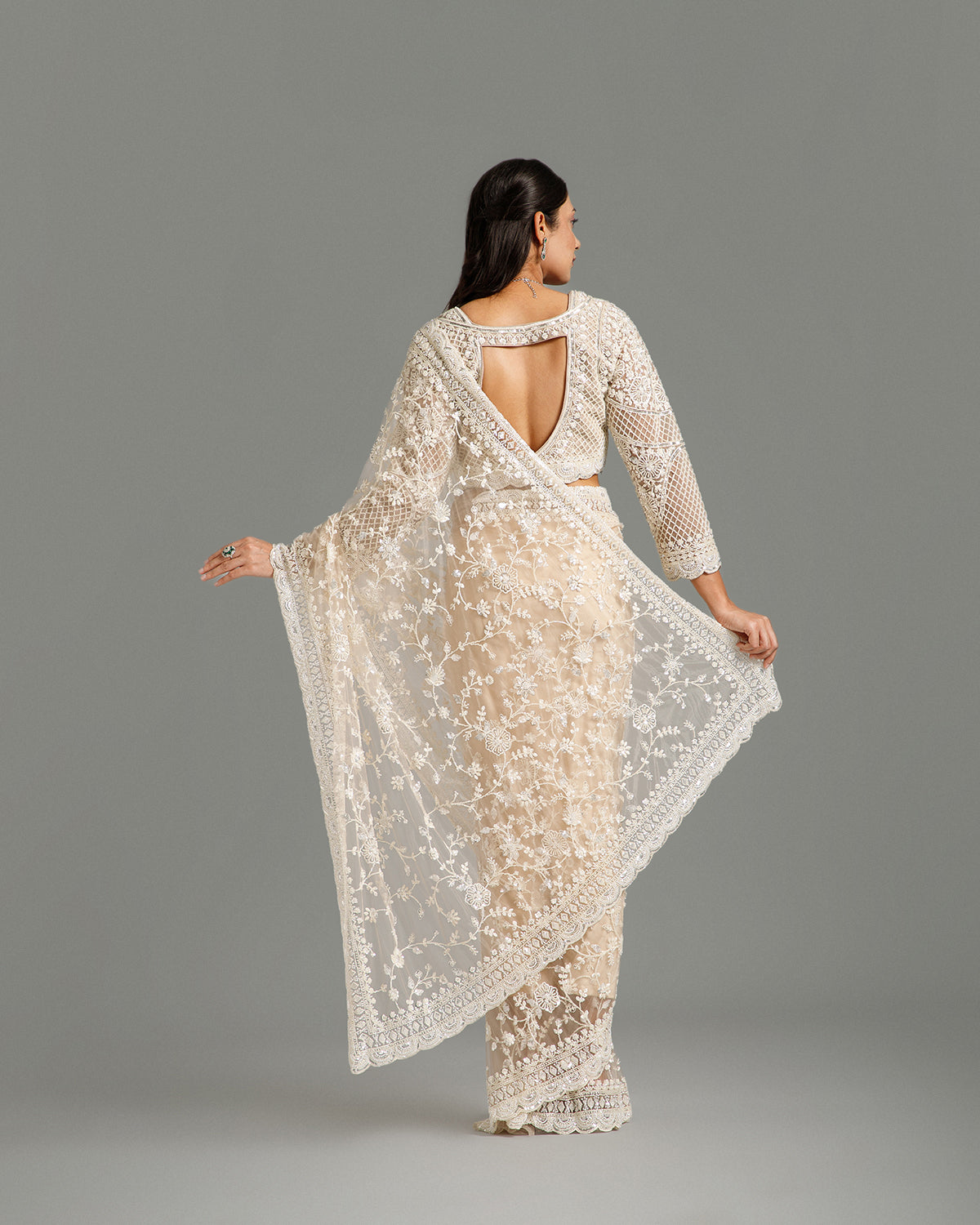 Beige Net Saree with Beads, Nulki, Sequin, Resham & Moti Work