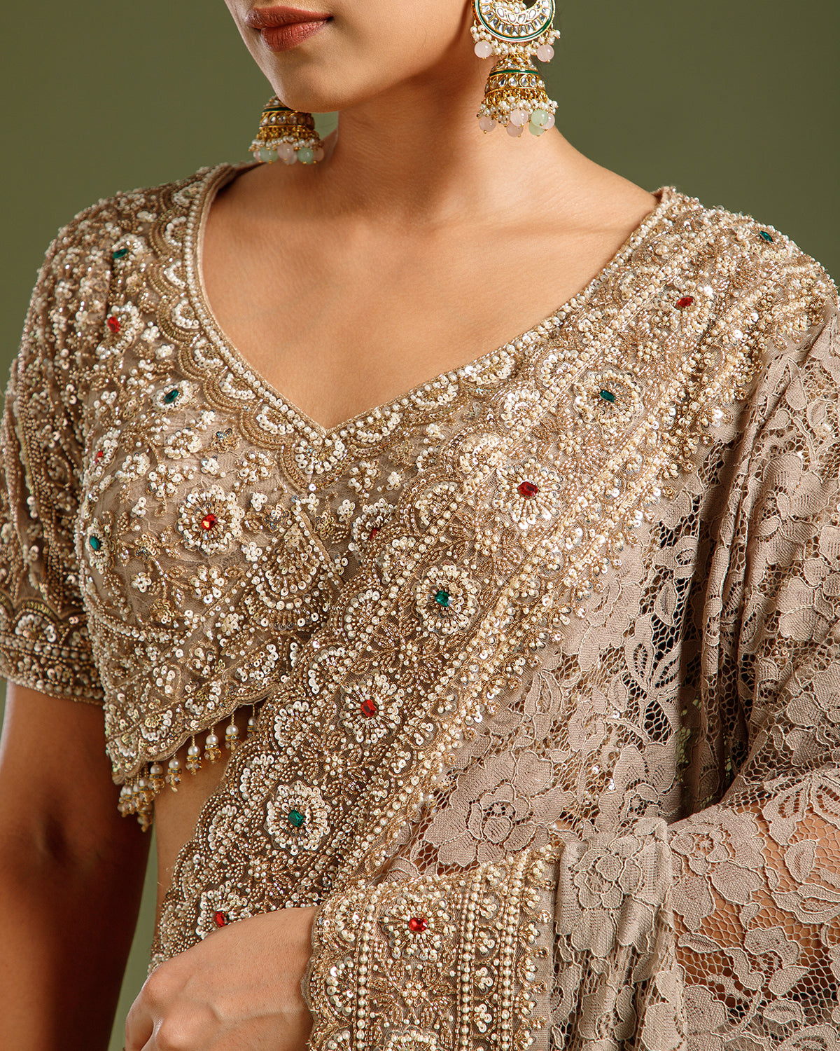 Elegant Ash Sandley Saree with Kundan & Sequin Work
