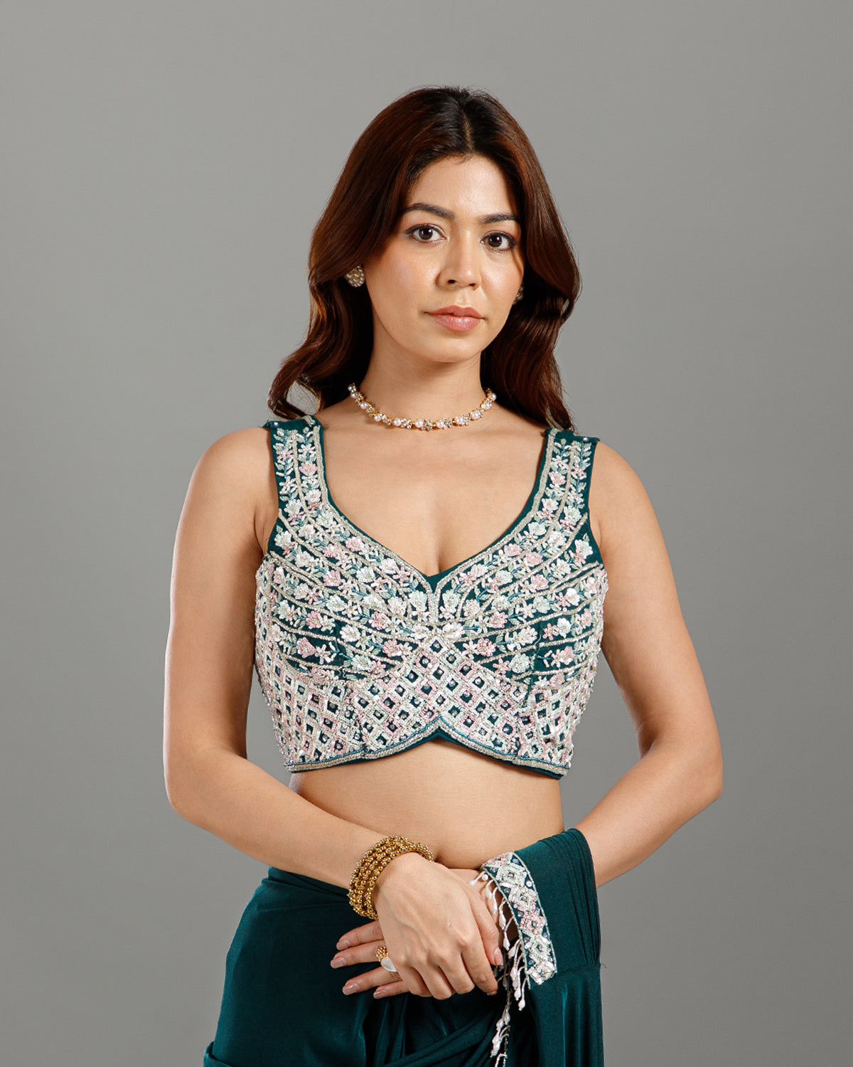 Green Lycra Drape Saree with Hand Work