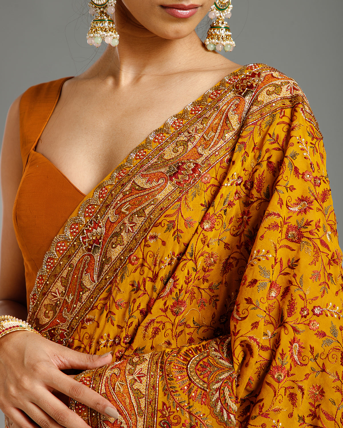 Mustard Georgette Saree with Beads, Dabka & Nulki Work