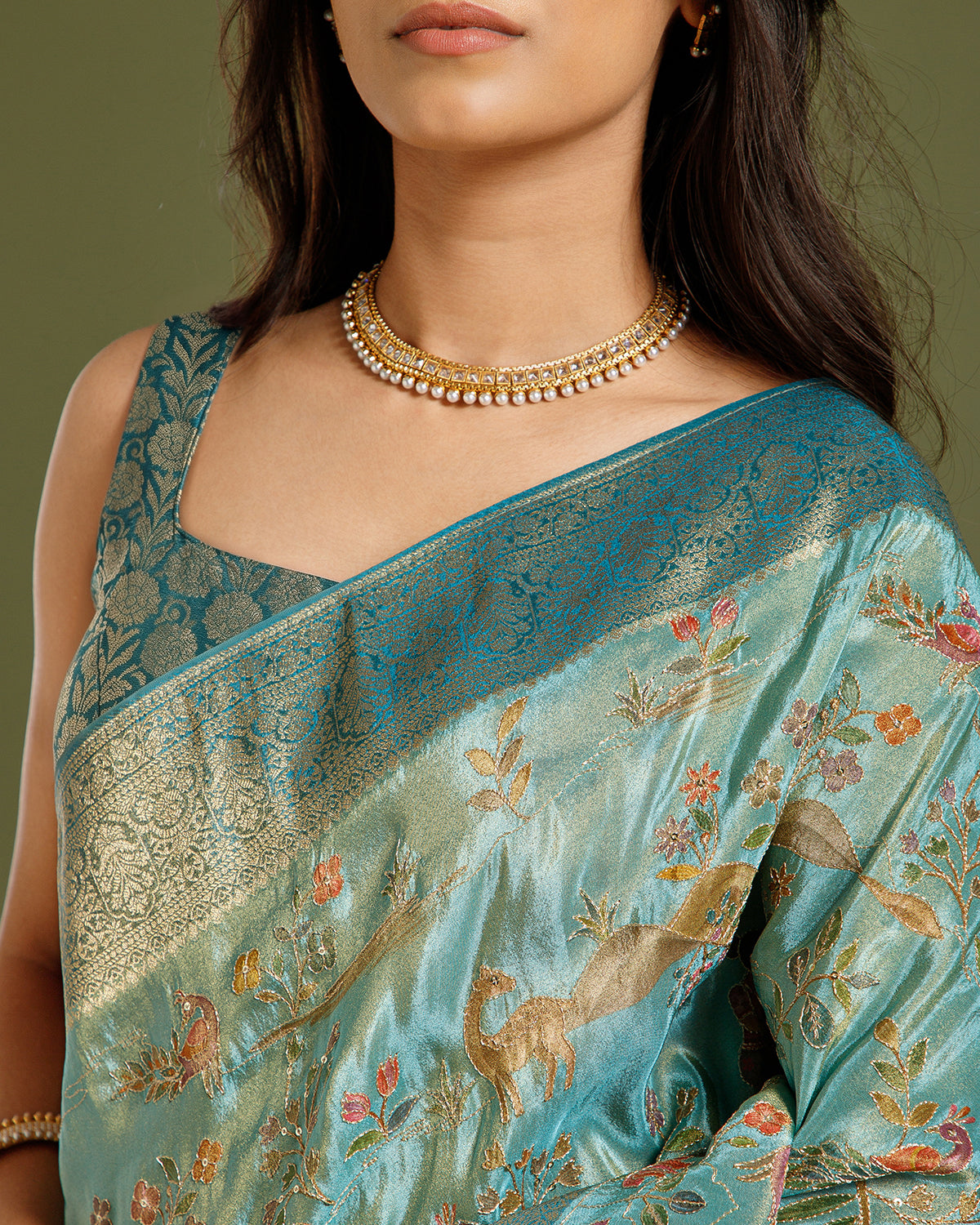 Pista Green Georgette Saree with Zari, Sequin & Zari Weaving