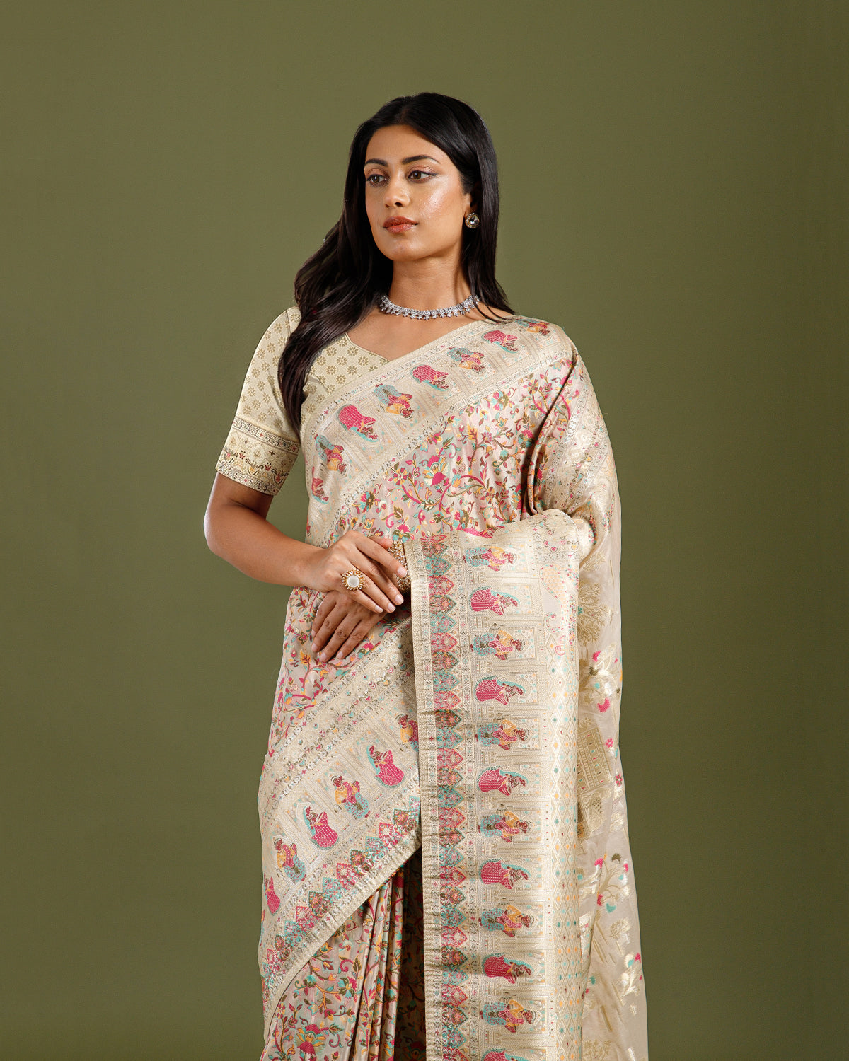 Cream Crepe Silk Saree with Multicolor Woven Design