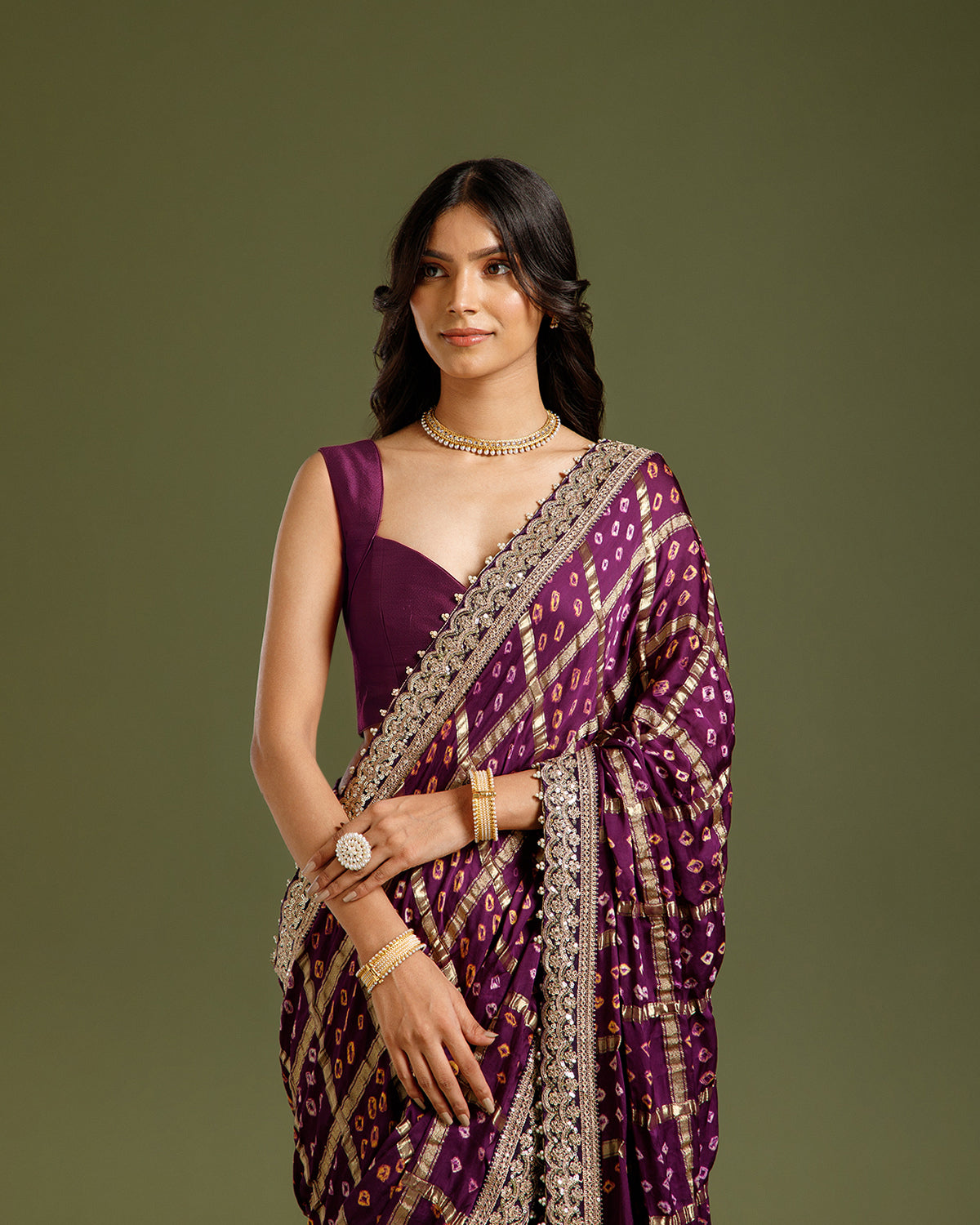 Purple Satin Crepe Saree with Zari & Sequin Work