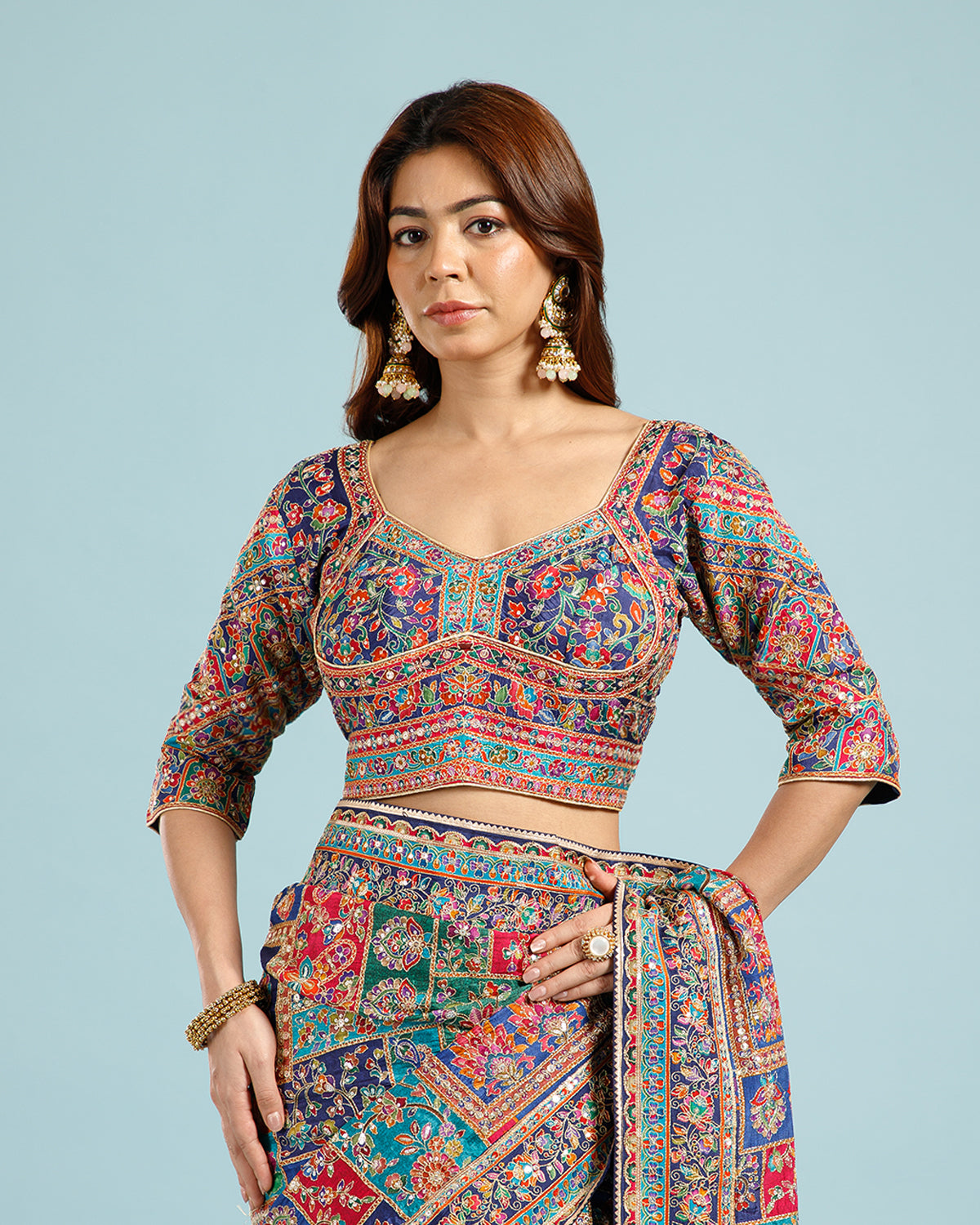 Blue Georgette Saree with Intricate Aari Work - House of Surya