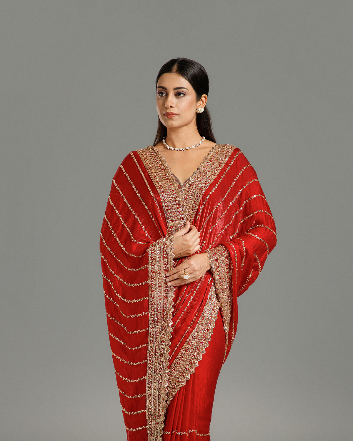 Red Fendi Organza Saree with Beads, Nulki & Sequin Work