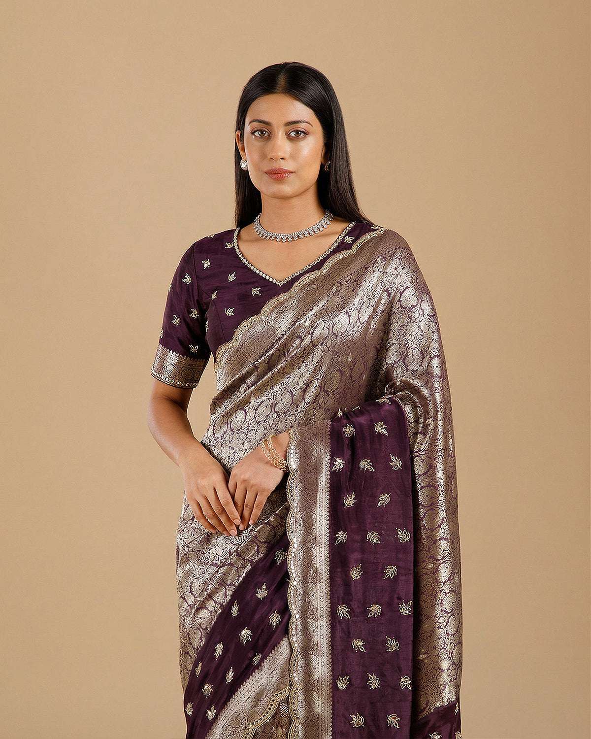 Purple Crepe Silk Saree with Mirror & Cutdana Work