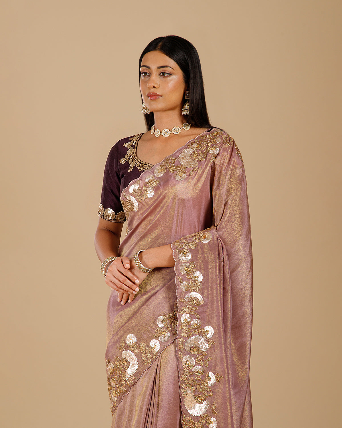 Dusty Mauve Tissue Georgette Saree with Gota Patti & Sequin Work - House of Surya