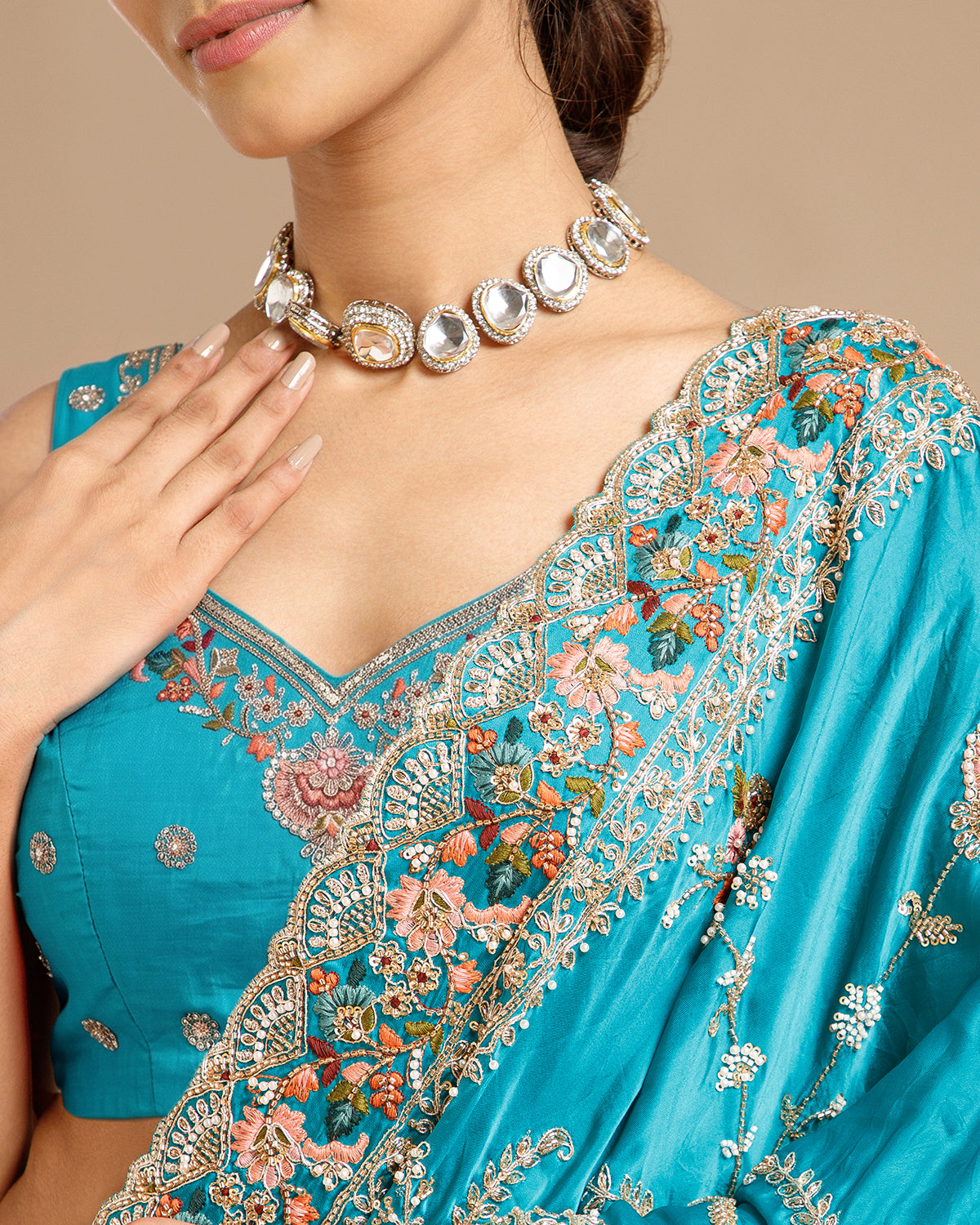 Firozi Satin Organza Saree with Beads, Nulki, Sequin, Moti, Resham & Zari Work