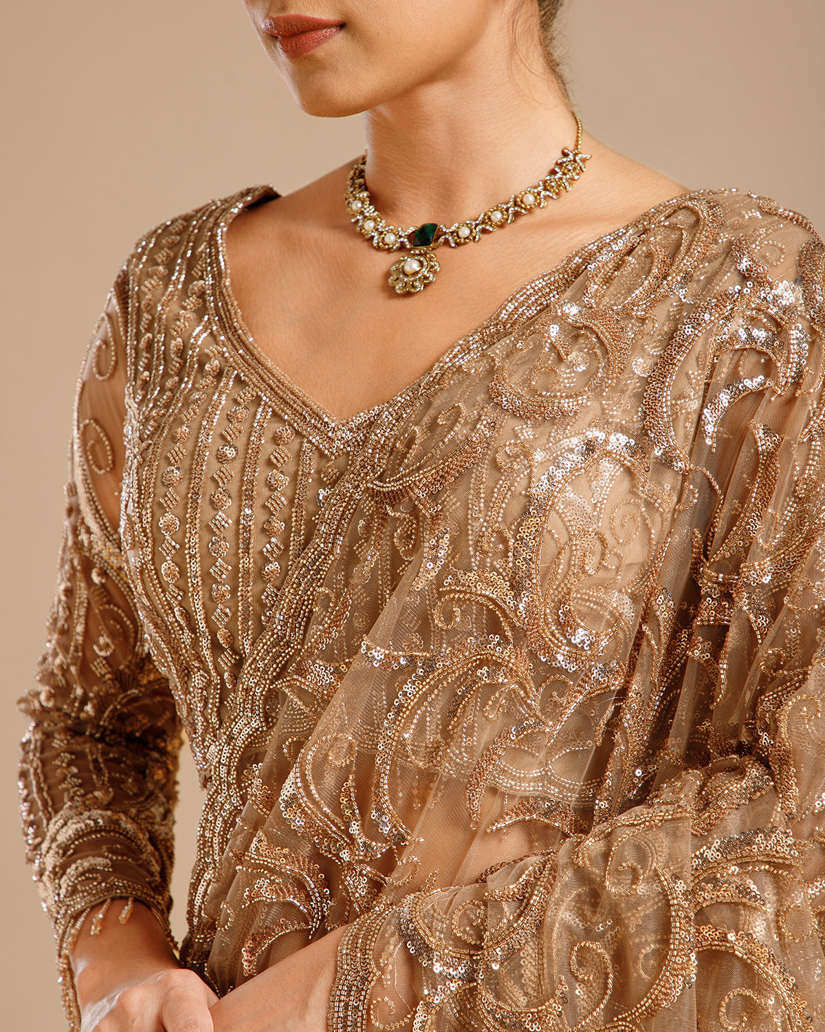 Beige Net Saree with Sequin & Cutdana Work